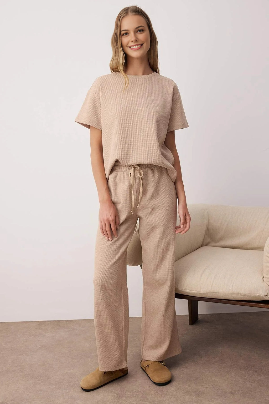 2-Piece Waffle Textured Knit Pajama Set with Waist Tie Detail