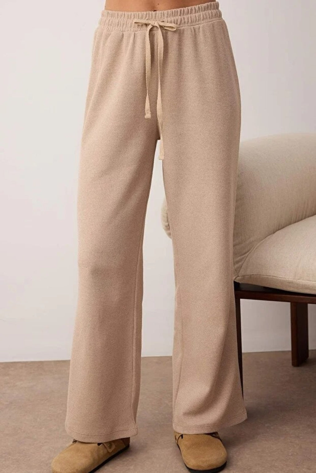 2-Piece Waffle Textured Knit Pajama Set with Waist Tie Detail