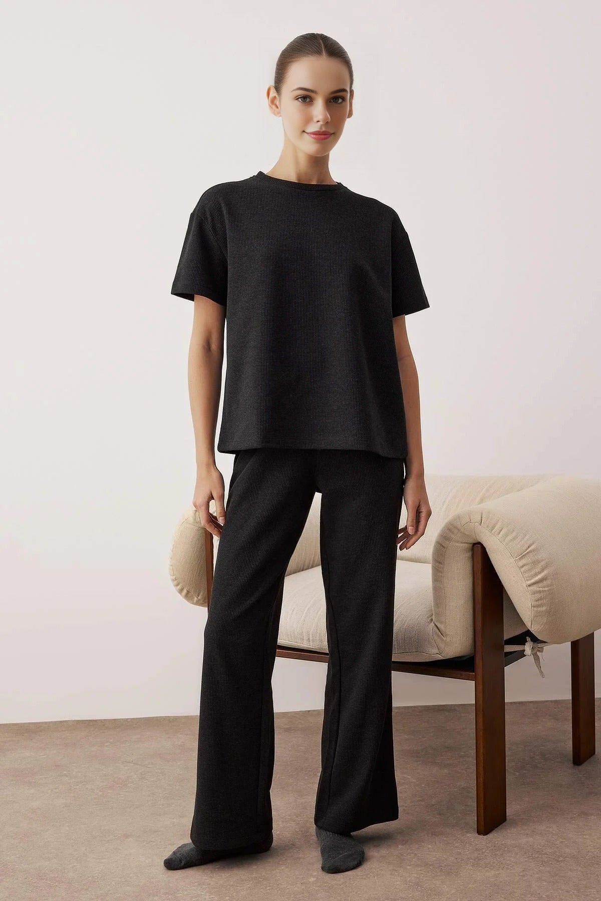 2-Piece Waffle Textured Knit Pajama Set with Waist Tie Detail