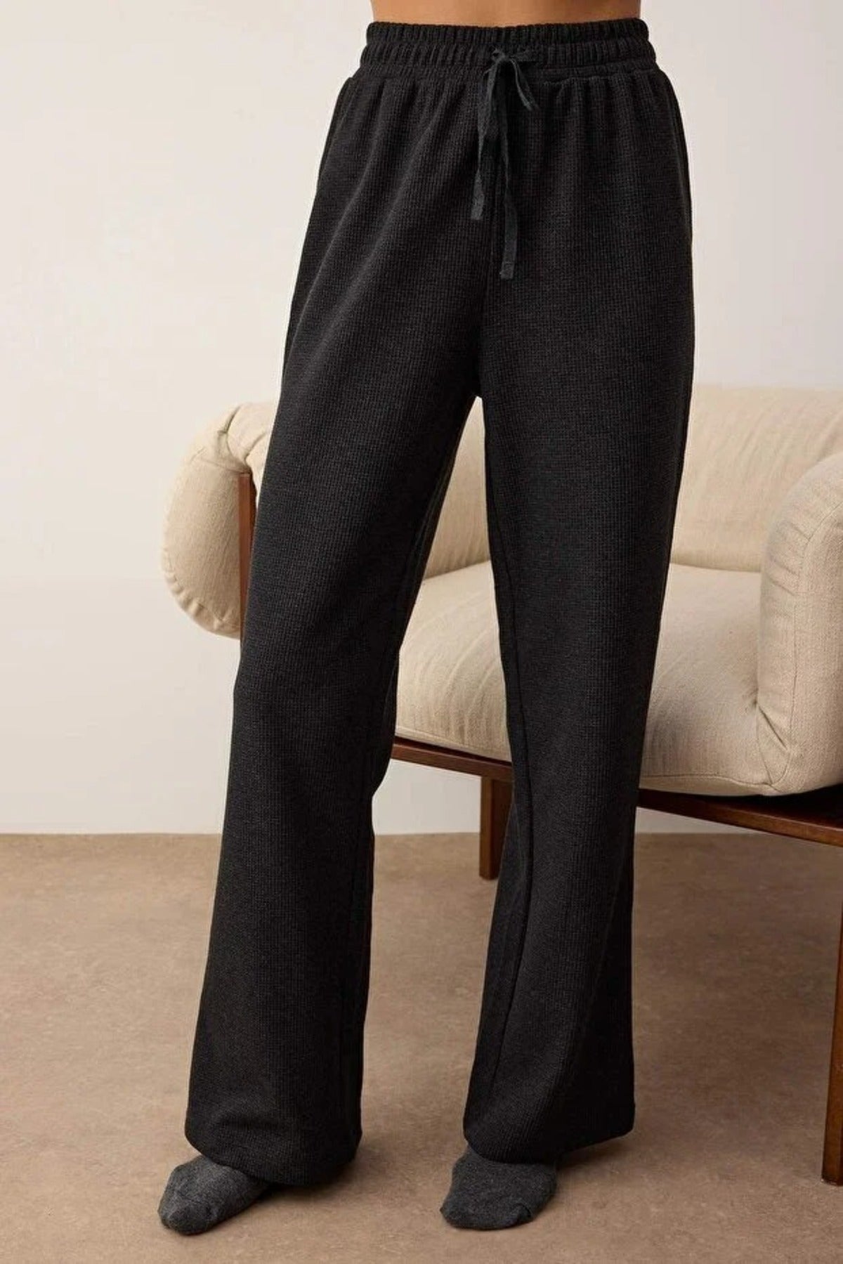 2-Piece Waffle Textured Knit Pajama Set with Waist Tie Detail