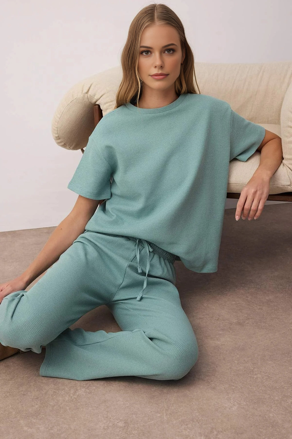 2-Piece Waffle Textured Knit Pajama Set with Waist Tie Detail