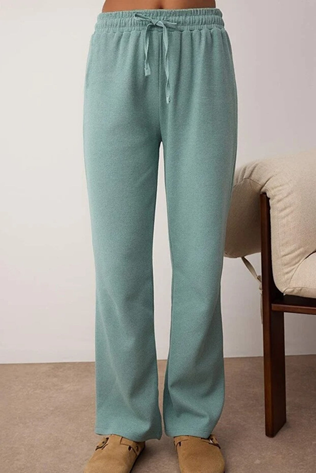 2-Piece Waffle Textured Knit Pajama Set with Waist Tie Detail