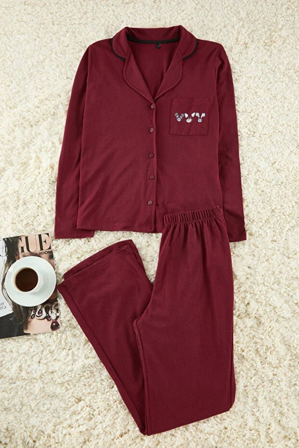 2-Piece Knit Pajama Set with Piping and Pocket Detail