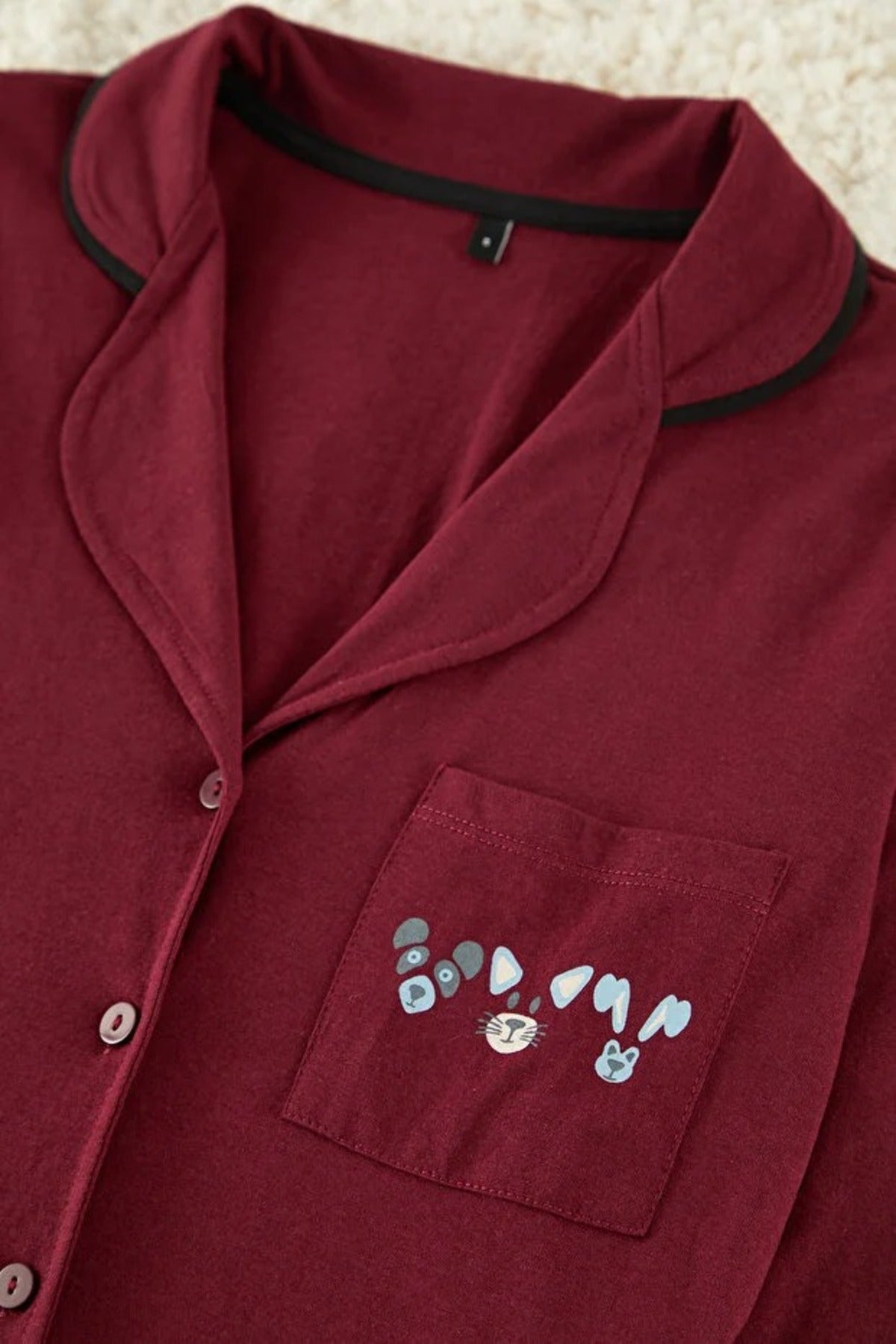 2-Piece Knit Pajama Set with Piping and Pocket Detail