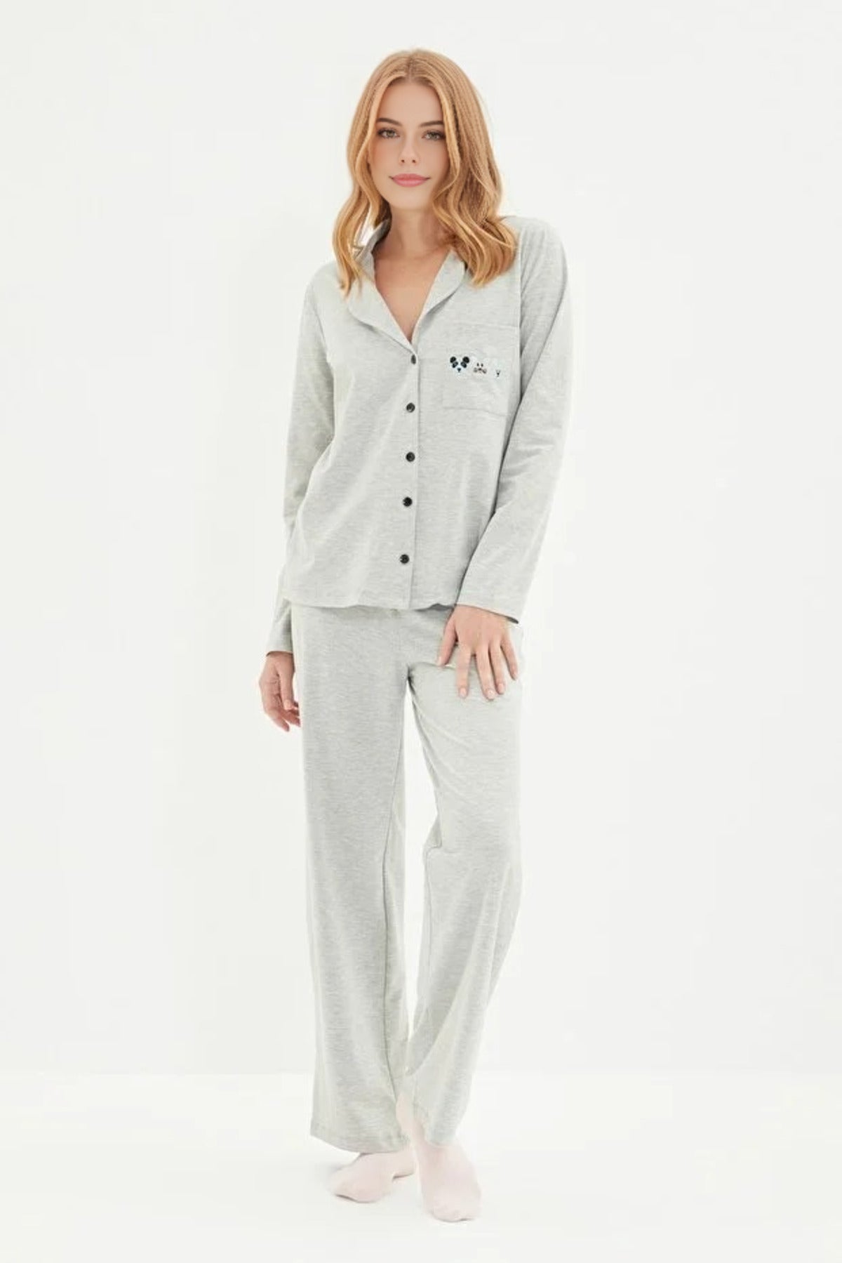 2-Piece Knit Pajama Set with Piping and Pocket Detail