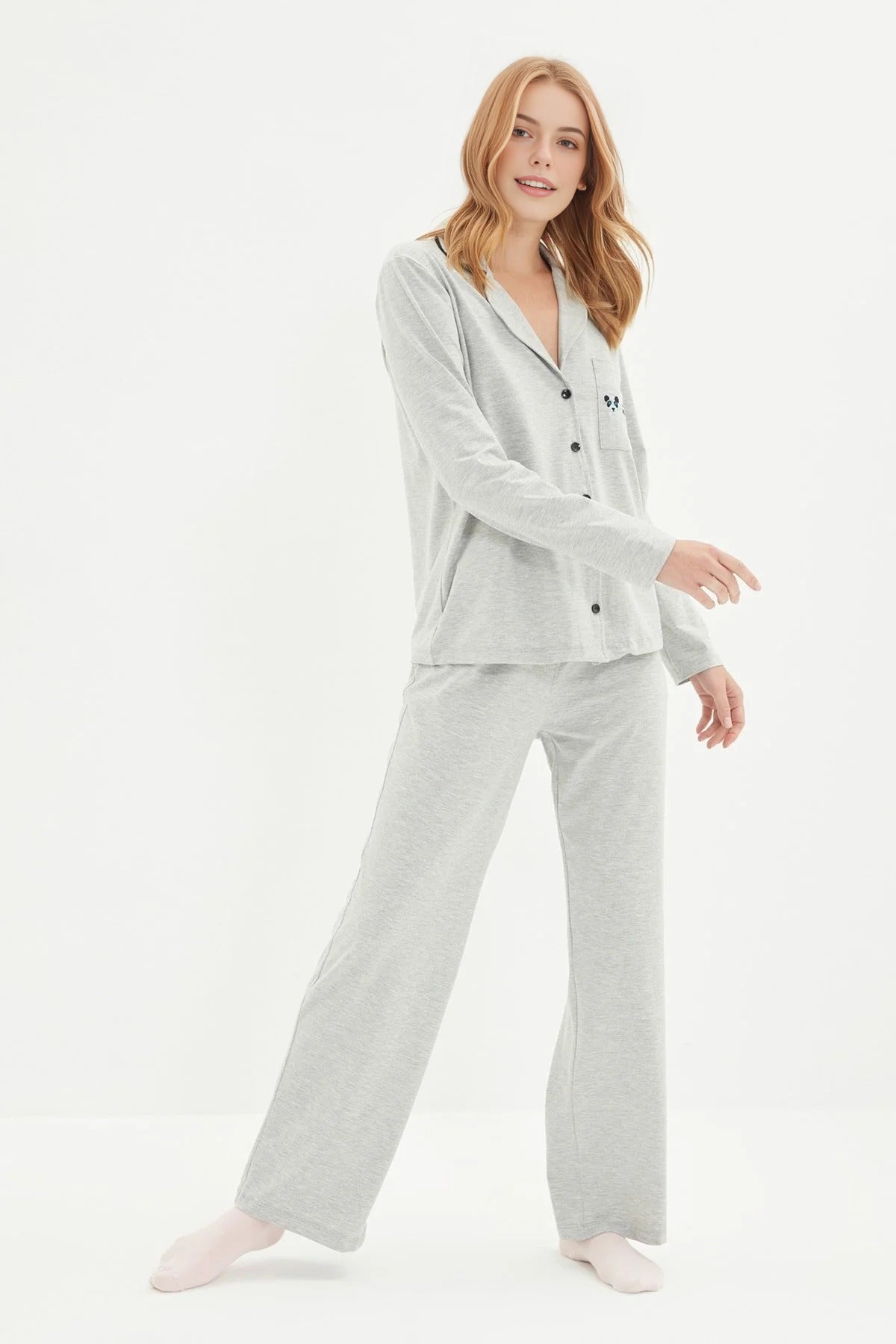 2-Piece Knit Pajama Set with Piping and Pocket Detail