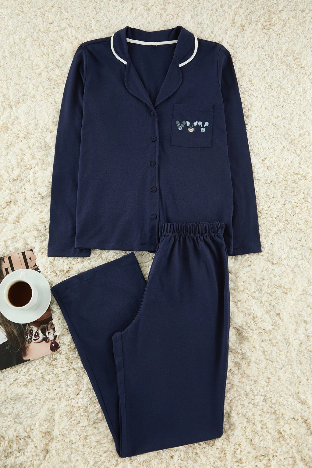 2-Piece Knit Pajama Set with Piping and Pocket Detail