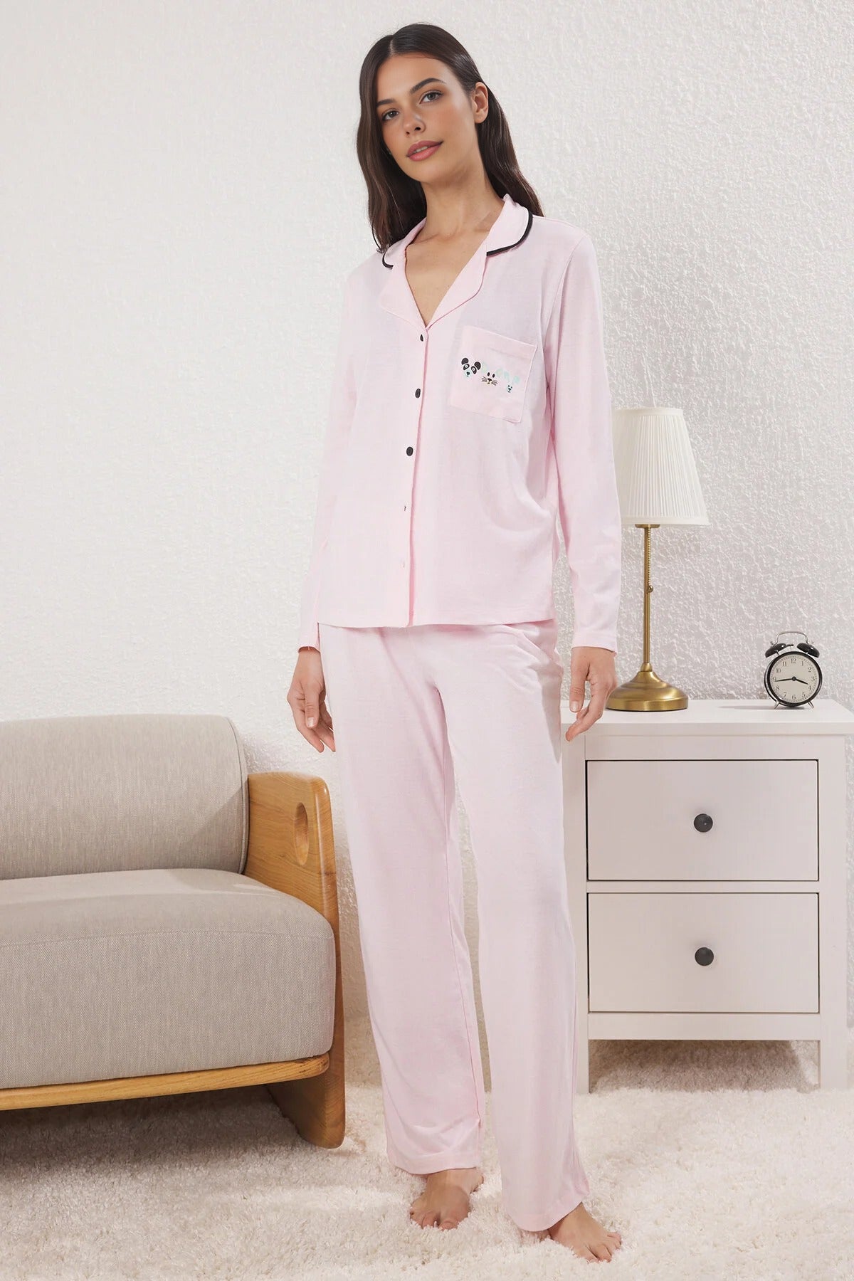 2-Piece Knit Pajama Set with Piping and Pocket Detail