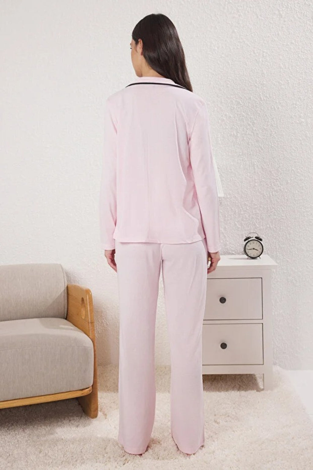2-Piece Knit Pajama Set with Piping and Pocket Detail