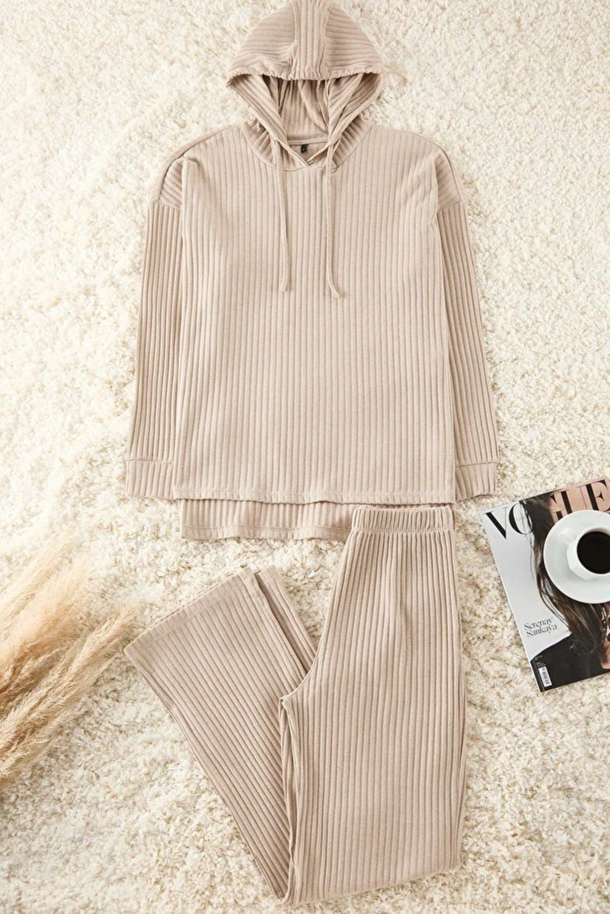 2 Piece Ribbed Knit Pajama Set with Hood