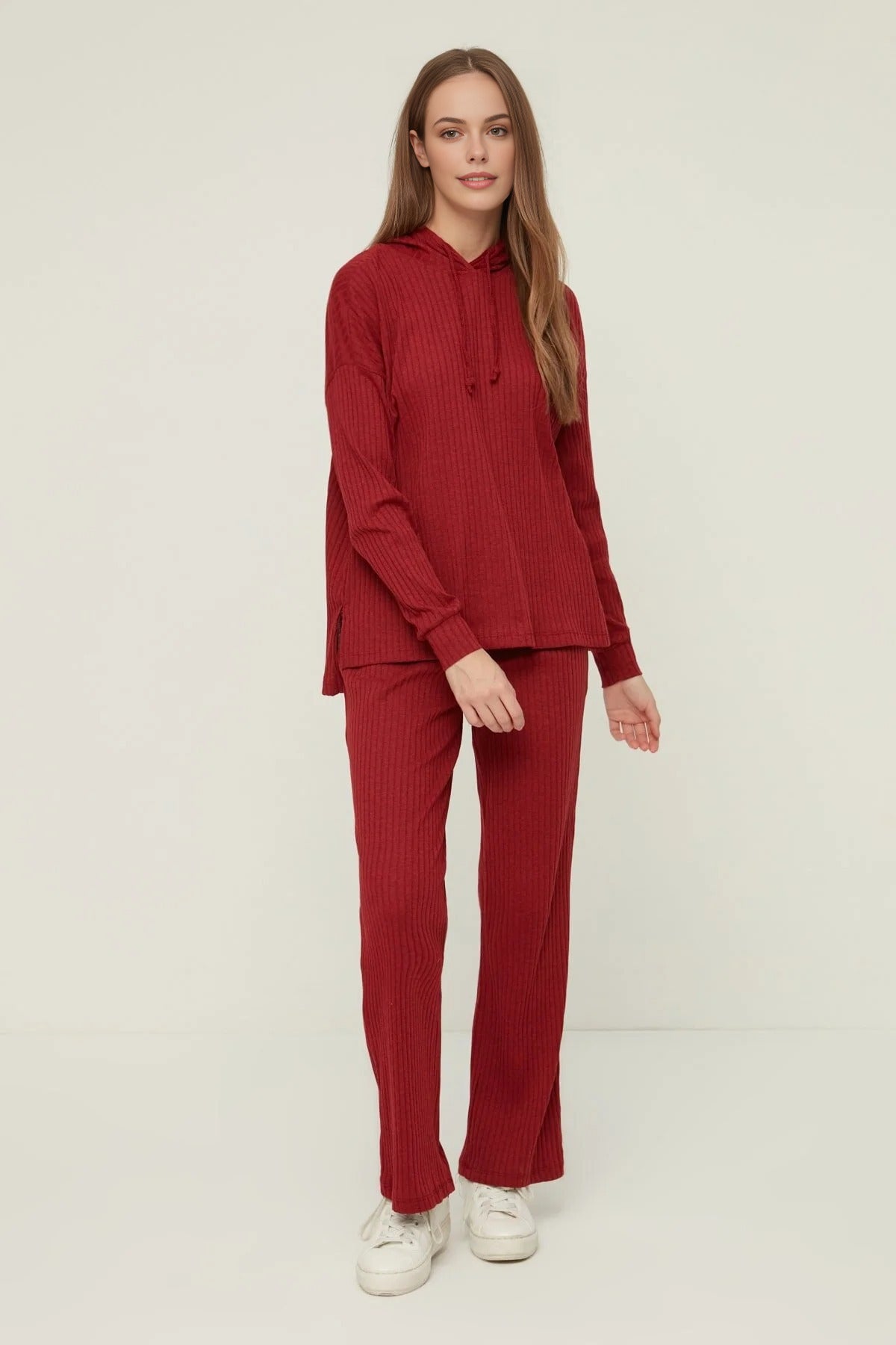 2 Piece Ribbed Knit Pajama Set with Hood