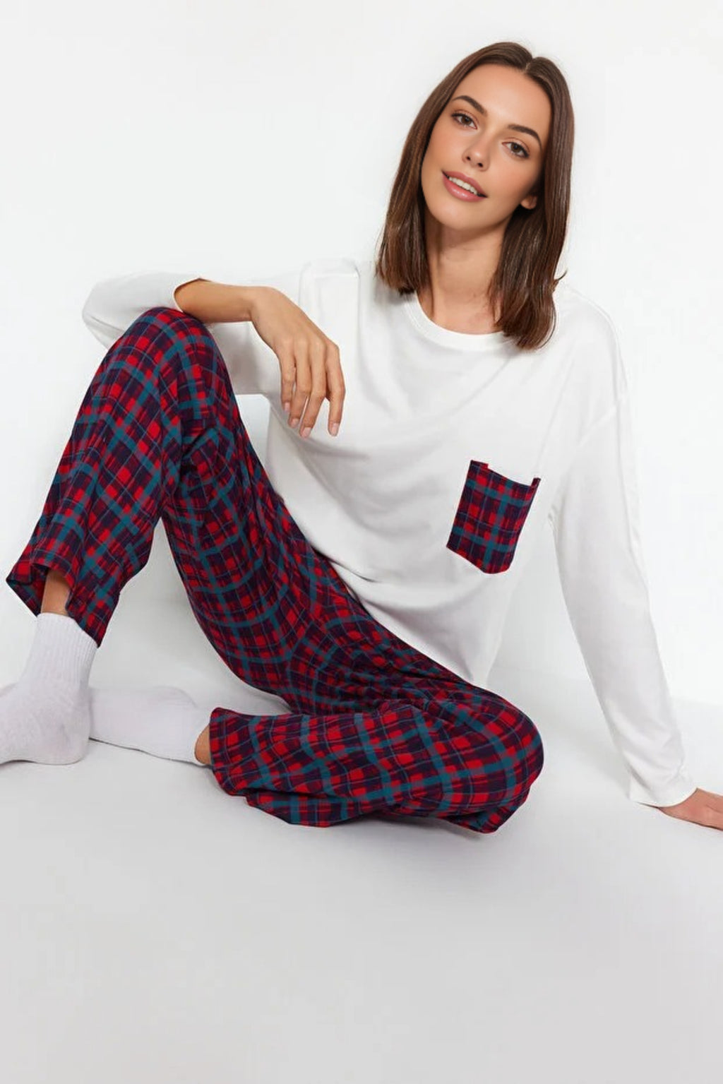 2 Piece 100% Cotton Argyle Knit Pajama Set with Pocket Detail