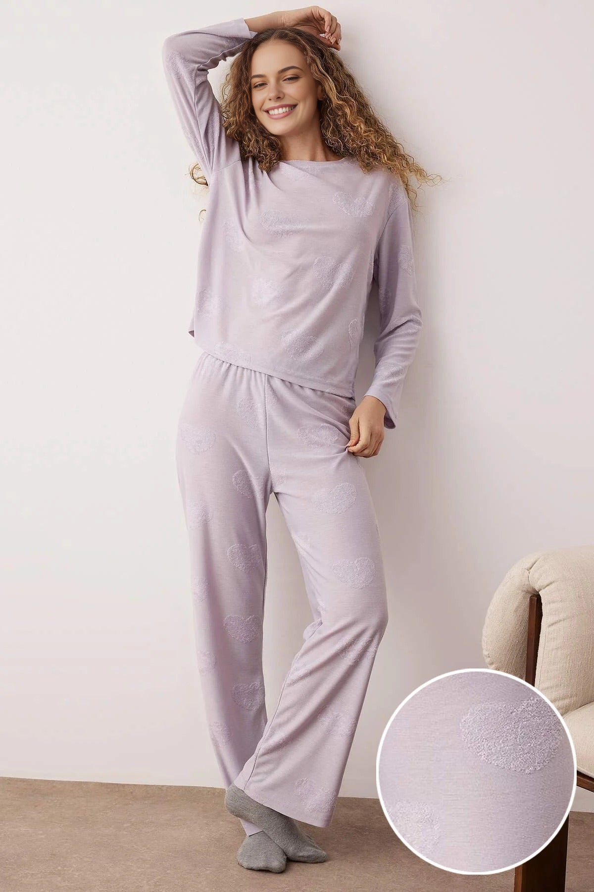 2-Piece Heart Patch Knit Pajama Set