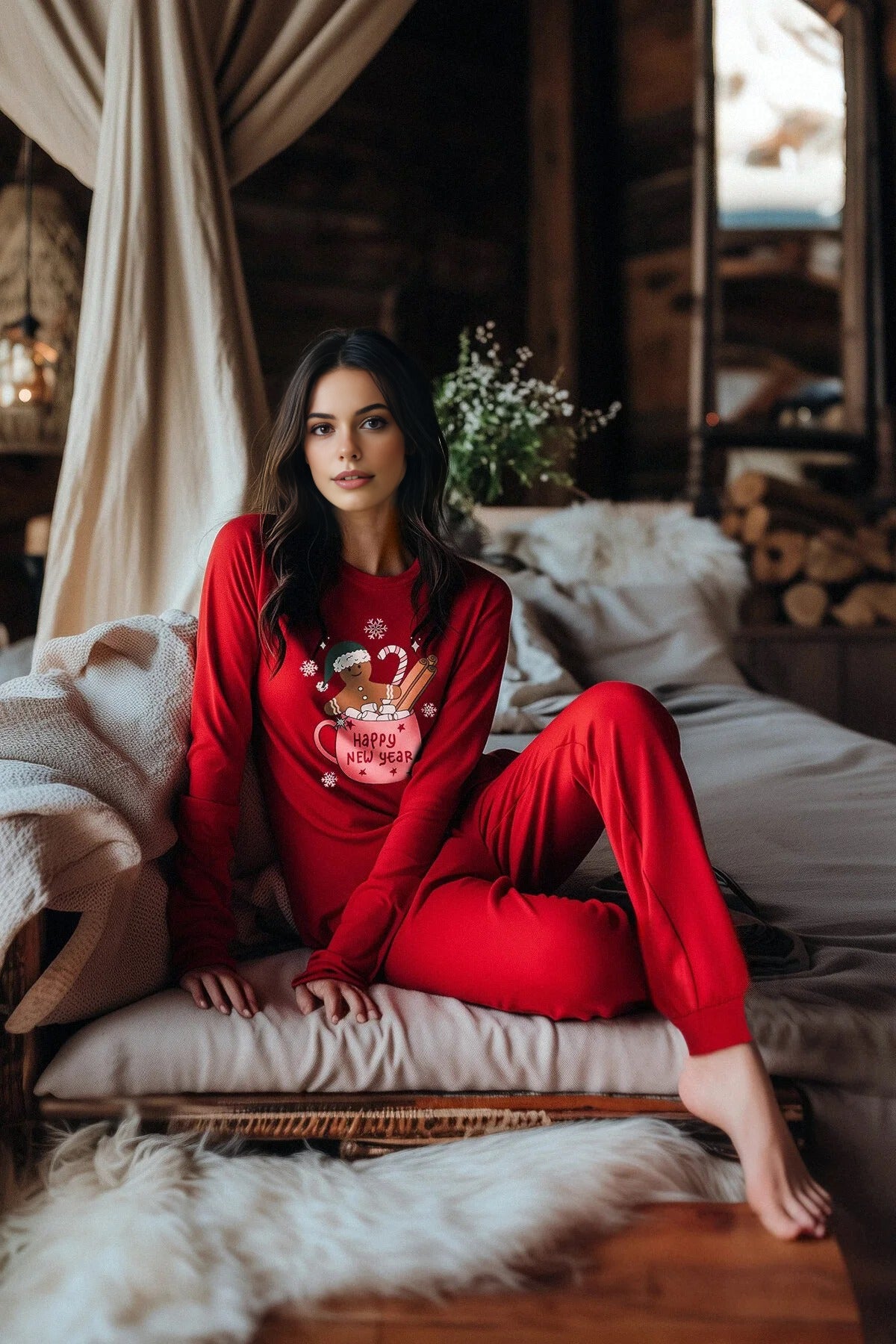 2-Piece 100% Cotton Christmas Themed Knit Pajama Set
