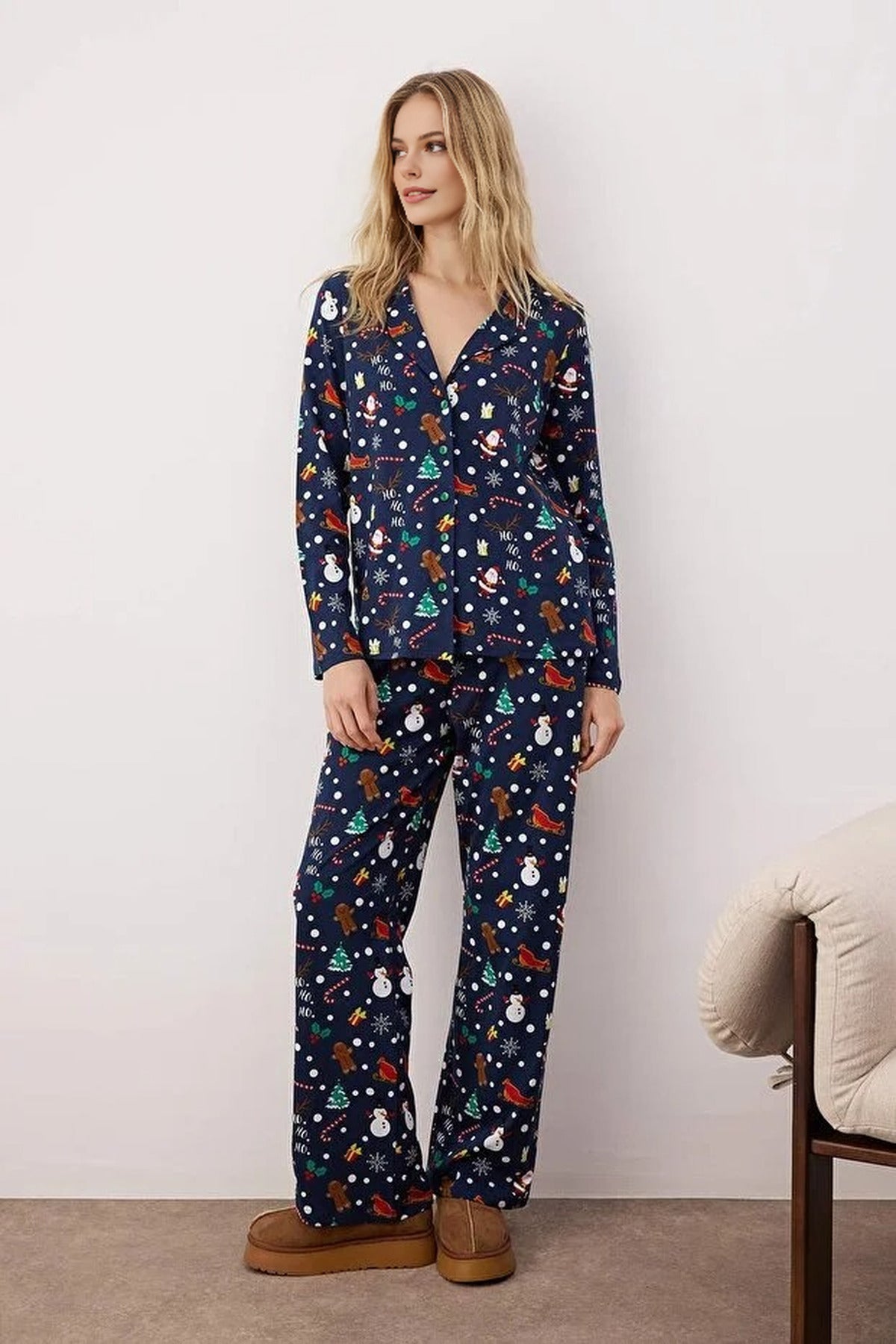 2-Piece 100% Cotton Christmas Themed Knit Pajama Set