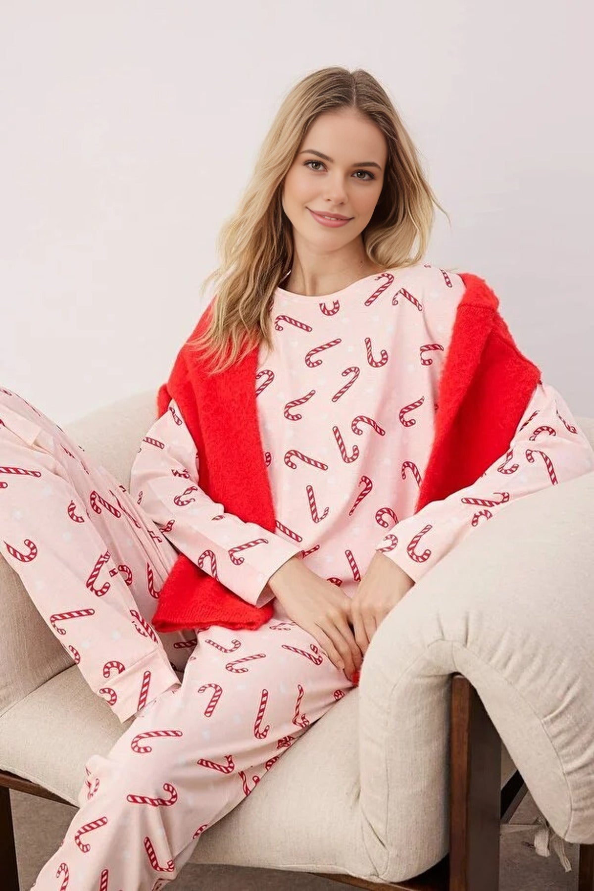 2-Piece 100% Cotton Christmas Themed Knit Pajama Set