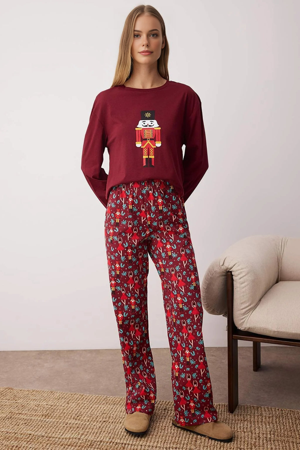 2-Piece 100% Cotton Christmas Themed Knit Pajama Set