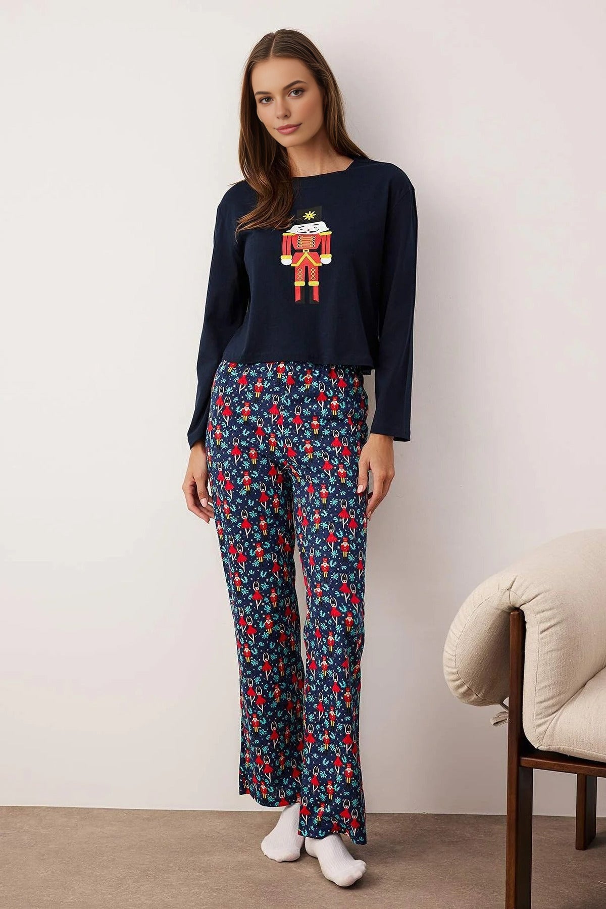 2-Piece 100% Cotton Christmas Themed Knit Pajama Set