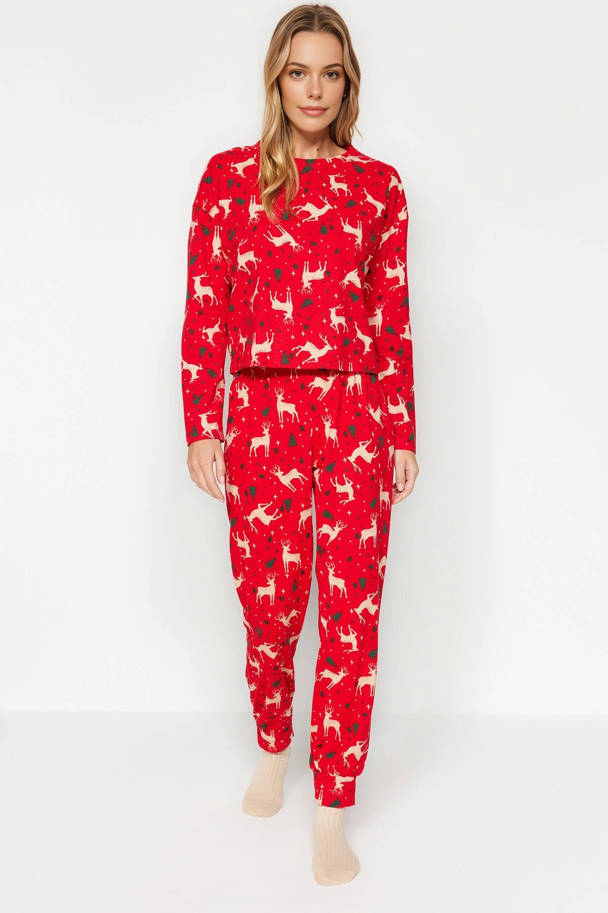 2-Piece 100% Cotton Christmas Themed Knit Pajama Set
