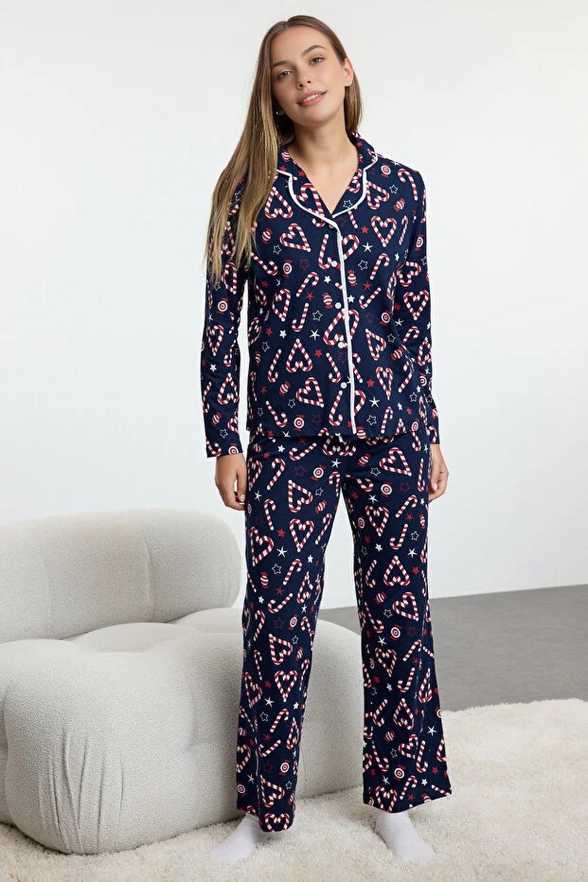 2-Piece 100% Cotton Christmas Themed Knit Pajama Set