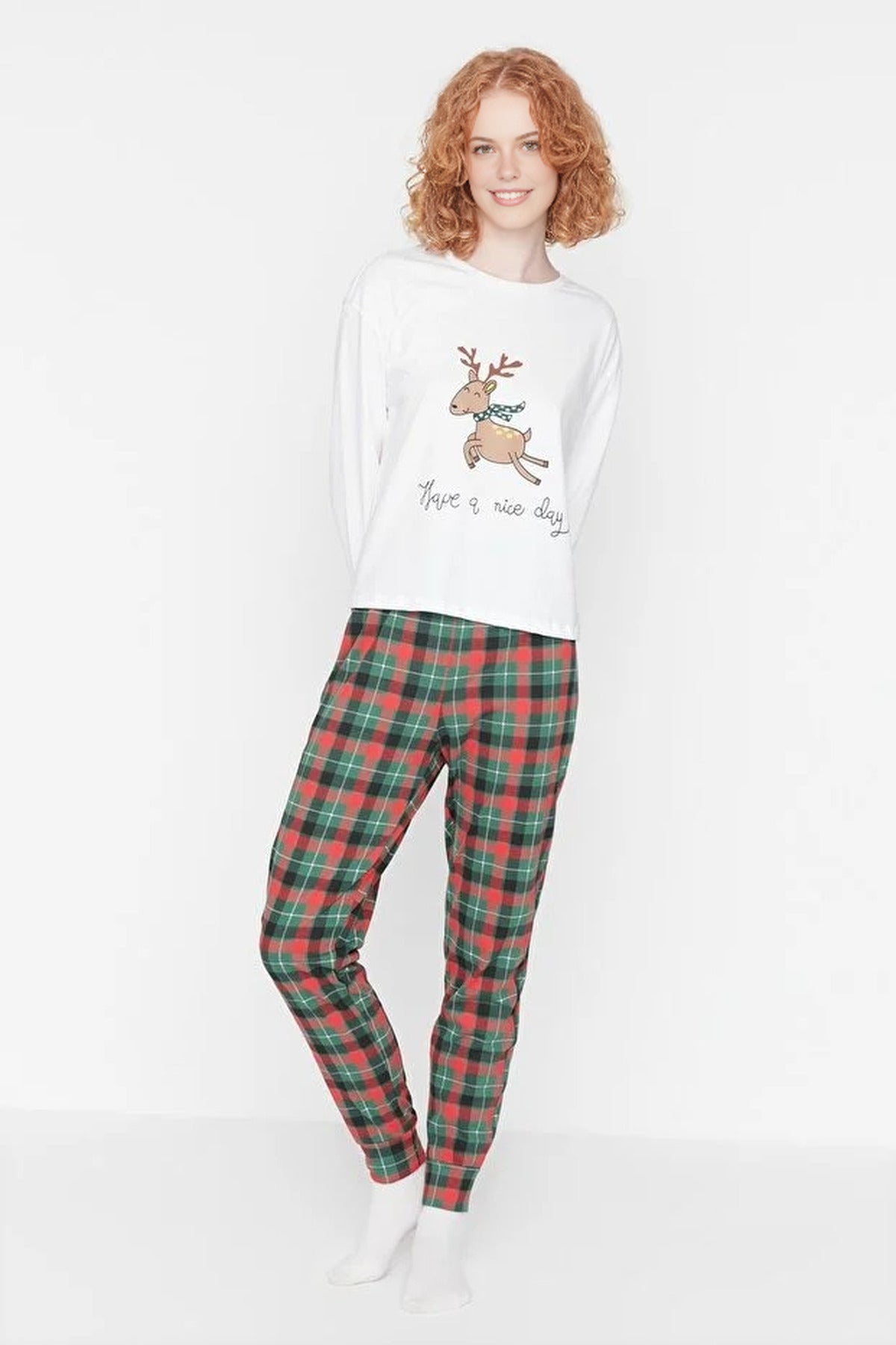 2-Piece 100% Cotton Christmas Themed Knit Pajama Set
