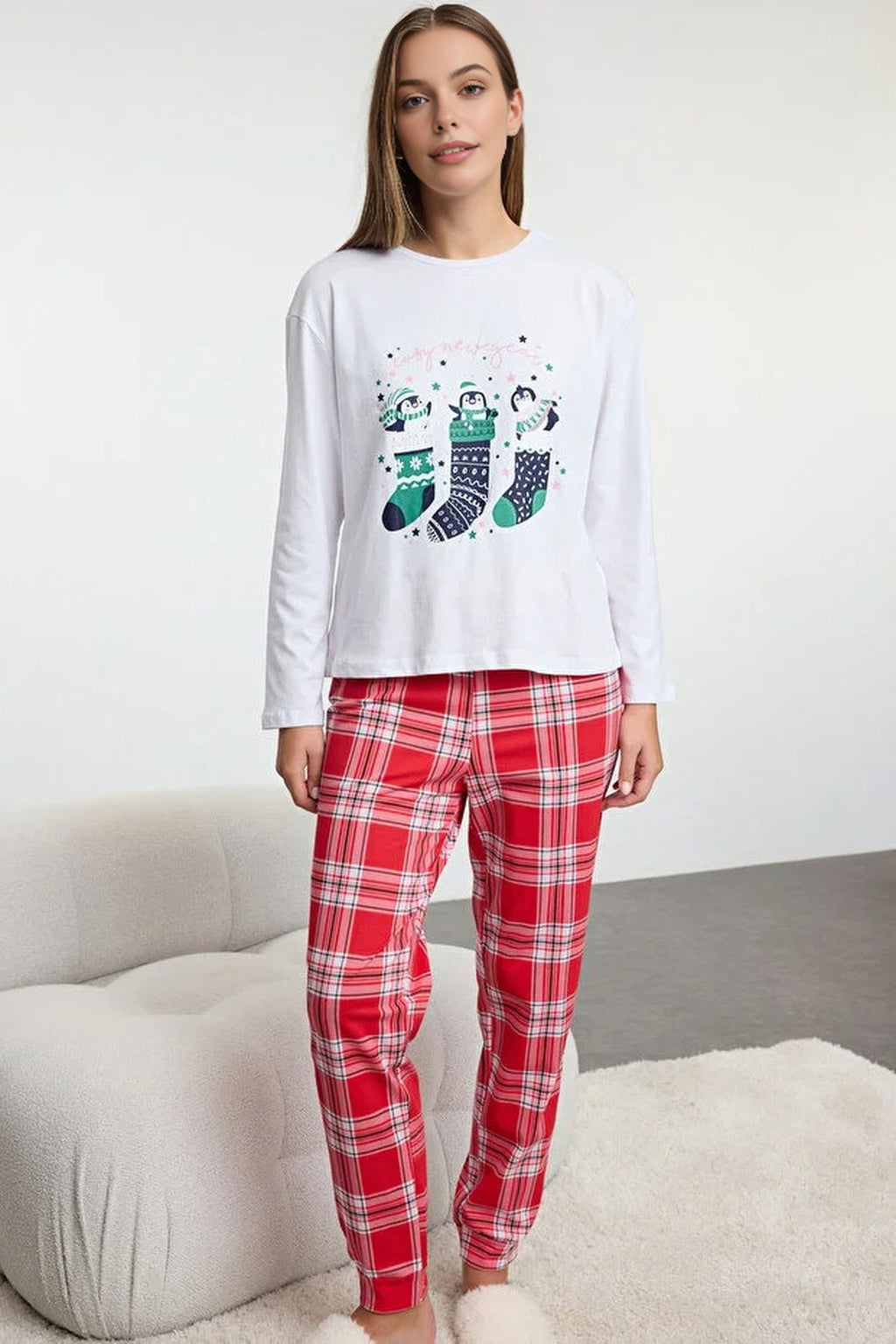 2-Piece 100% Cotton Christmas Themed Knit Pajama Set