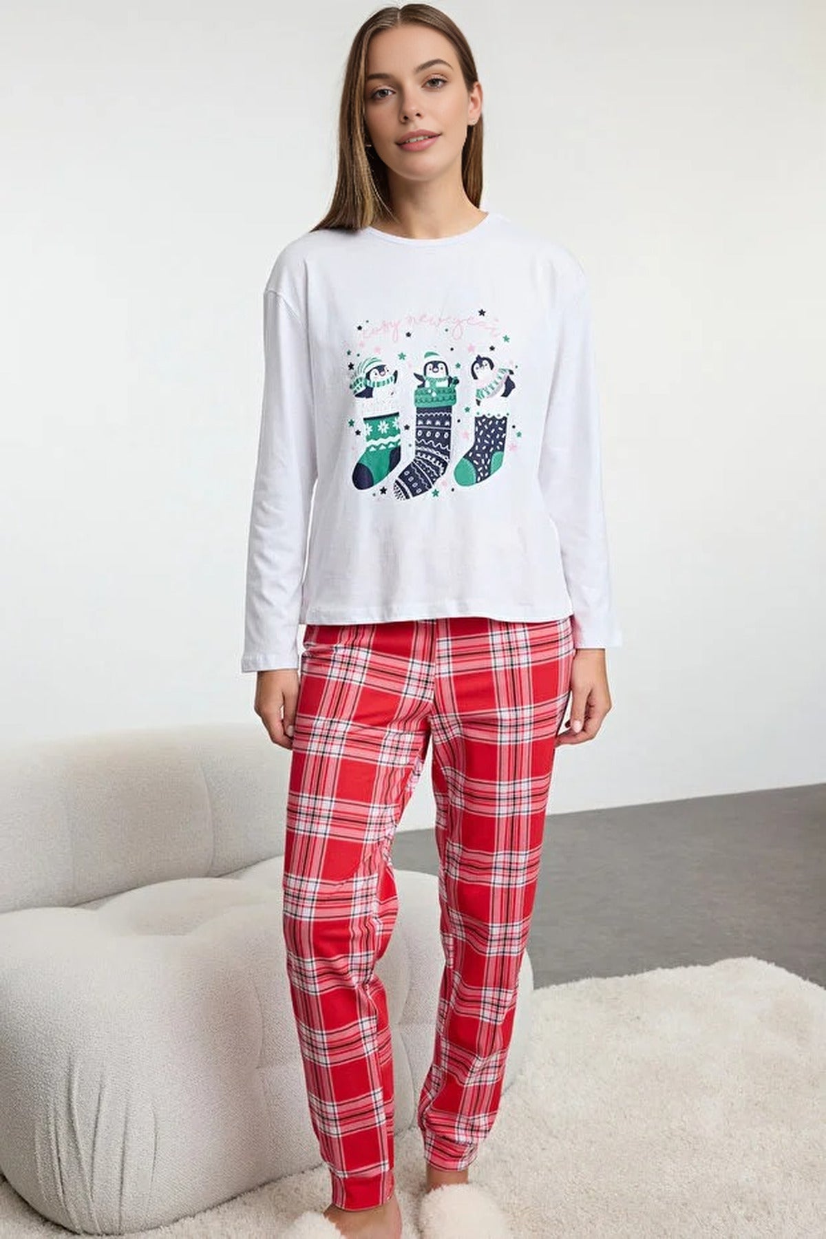 2-Piece 100% Cotton Christmas Themed Knit Pajama Set