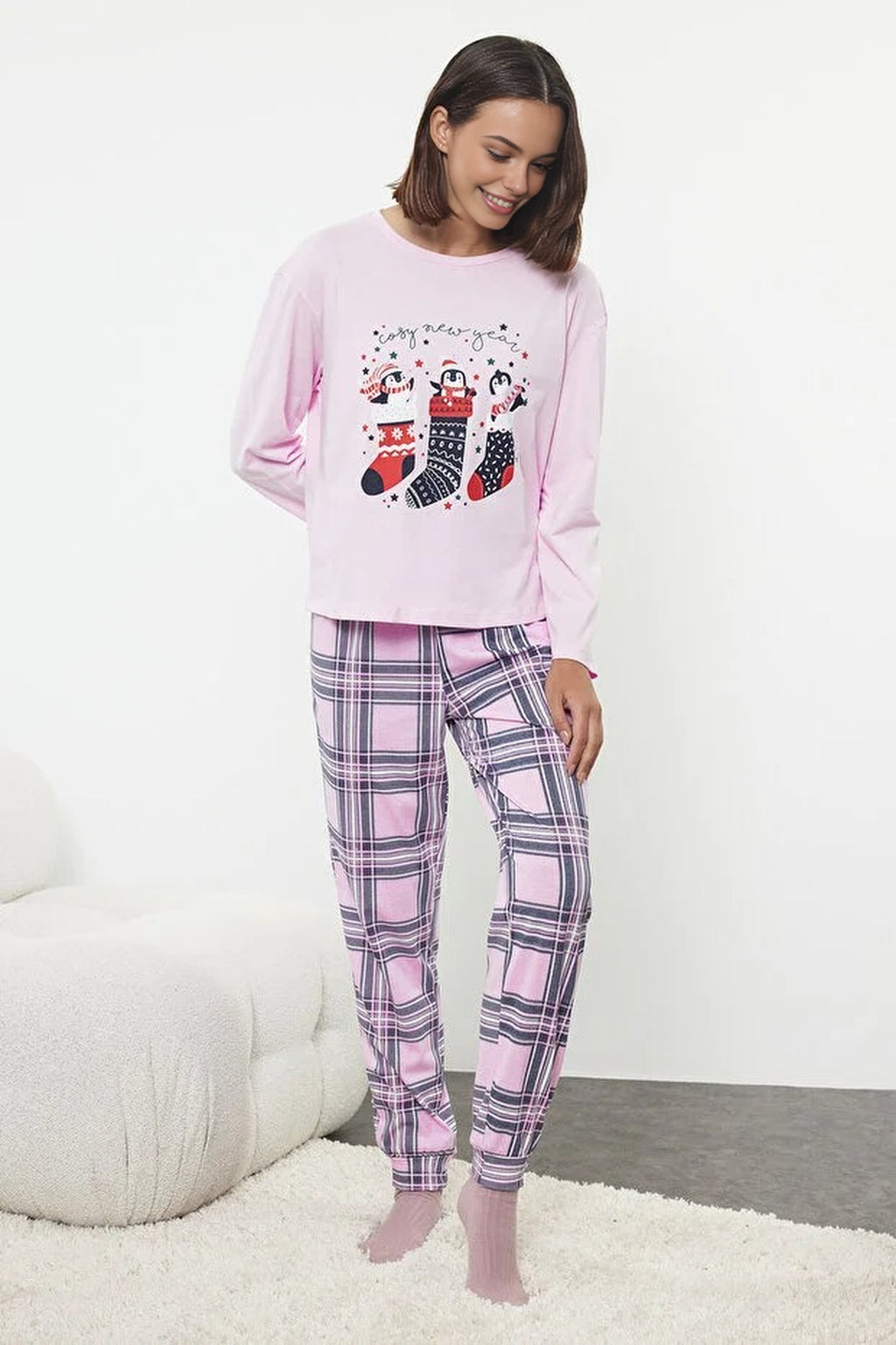 2-Piece 100% Cotton Christmas Themed Knit Pajama Set