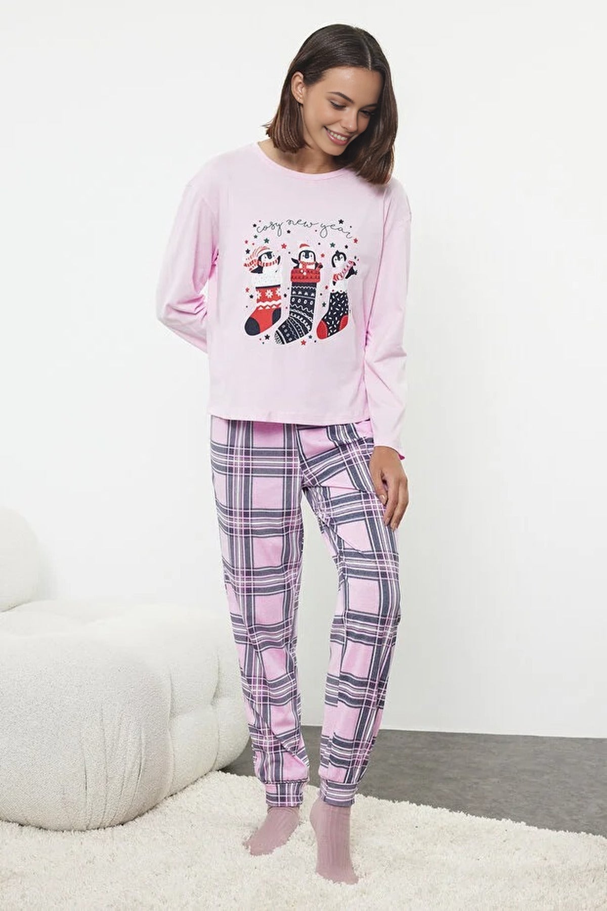 2-Piece 100% Cotton Christmas Themed Knit Pajama Set