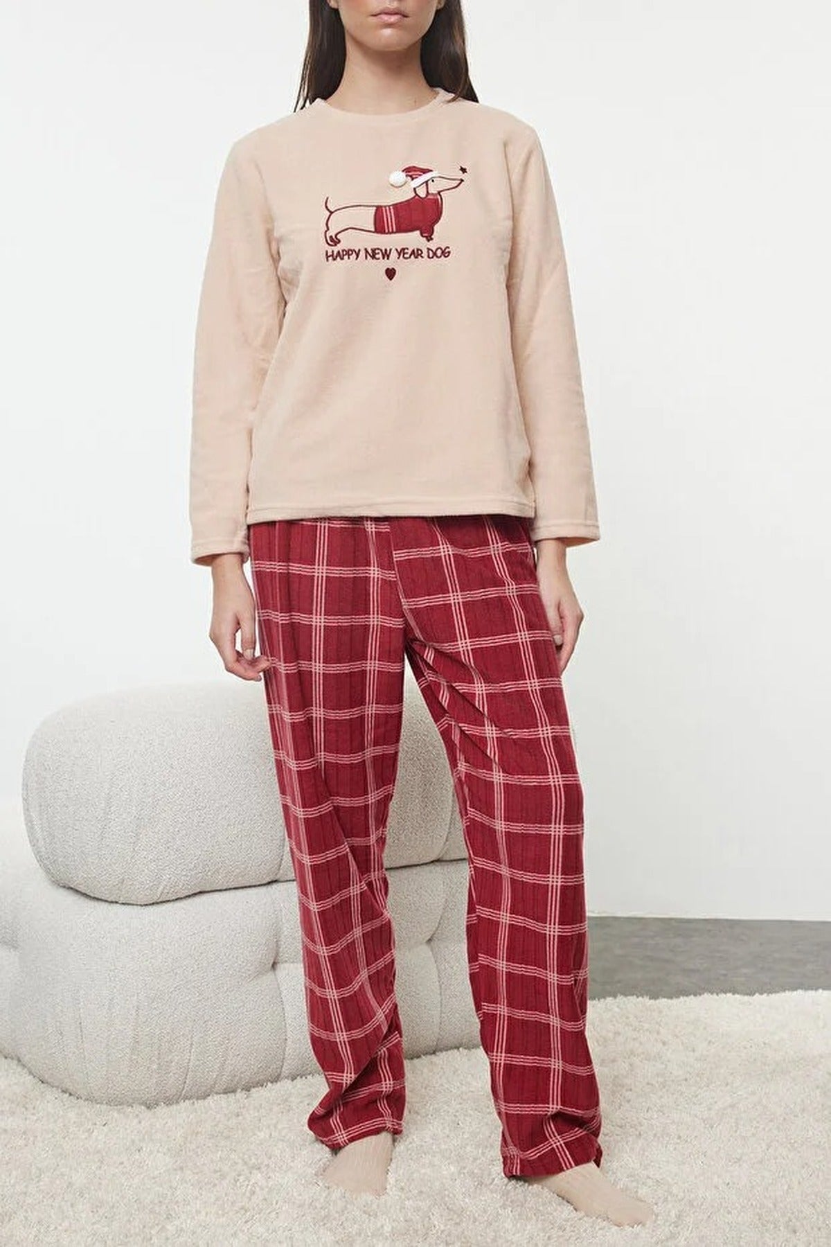 2-Piece Christmas Themed Polar Fleece Argyle Knit Pajama Set