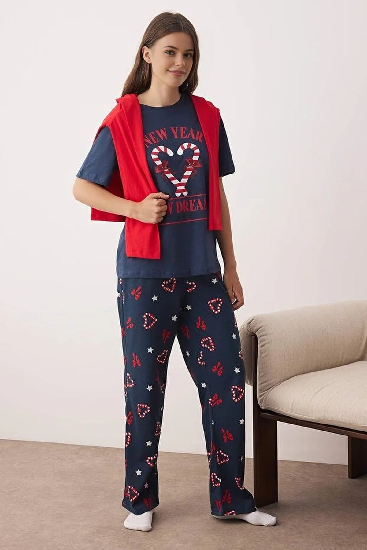 2-Piece Christmas Themed Heart Knit Pajama Set