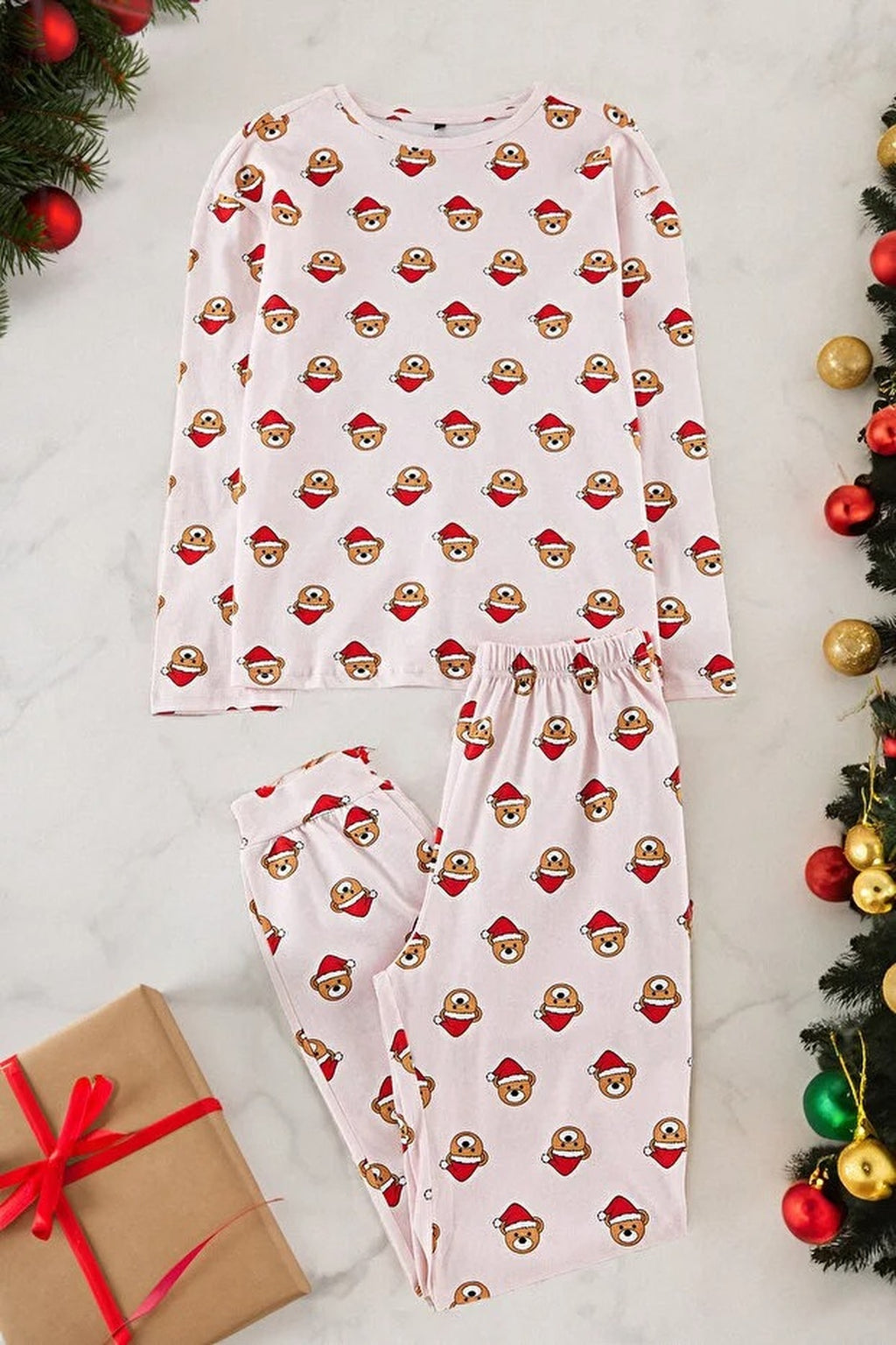 2-Piece 100% Cotton Teddy Bear Print Christmas Themed Knit Pajama Set