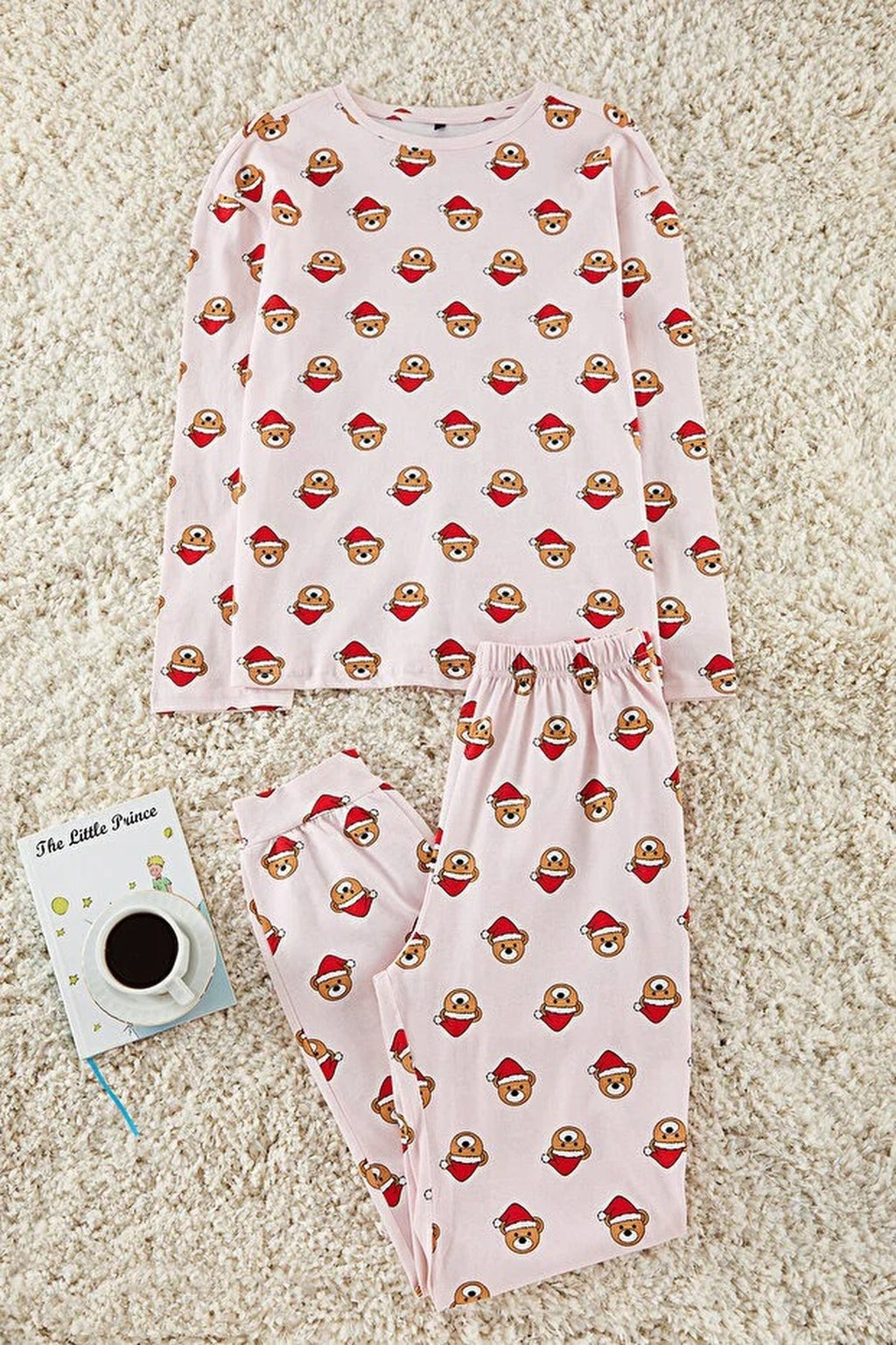 2-Piece 100% Cotton Teddy Bear Print Christmas Themed Knit Pajama Set