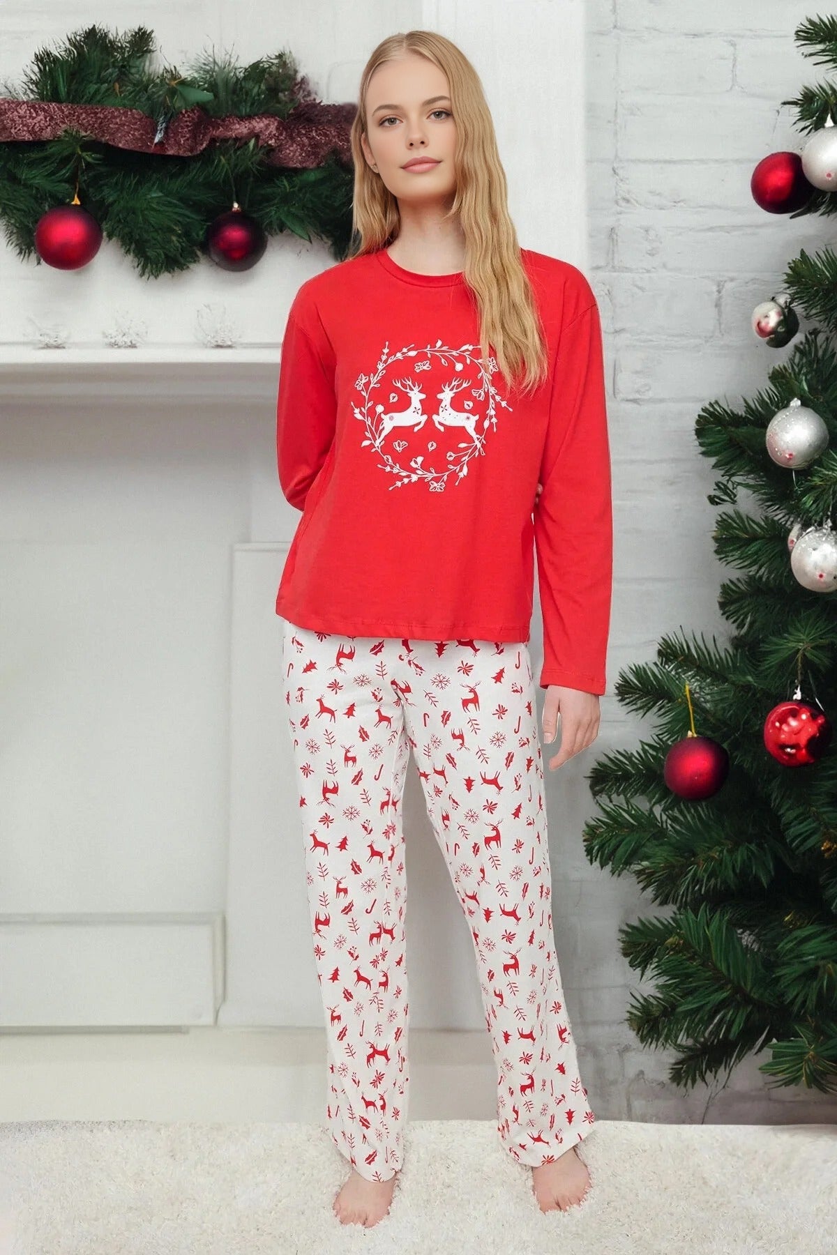 2-Piece 100% Cotton Christmas Themed Knit Pajama Set