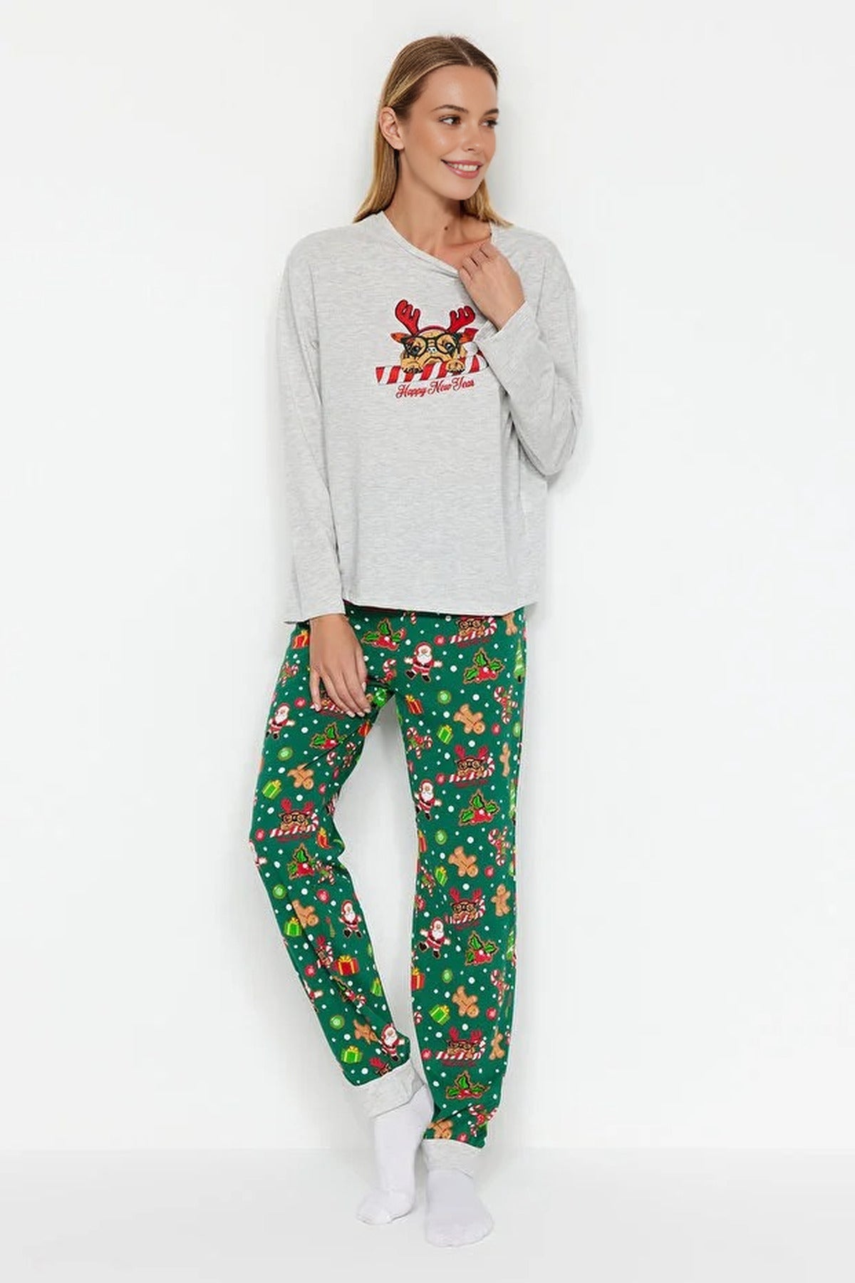 2-Piece 100% Cotton Christmas Themed Knit Pajama Set