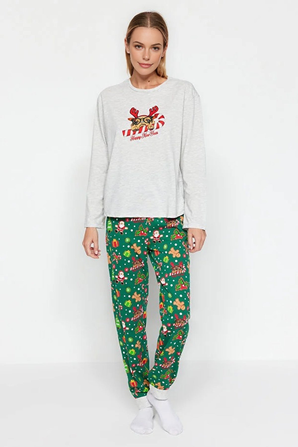 2-Piece 100% Cotton Christmas Themed Knit Pajama Set