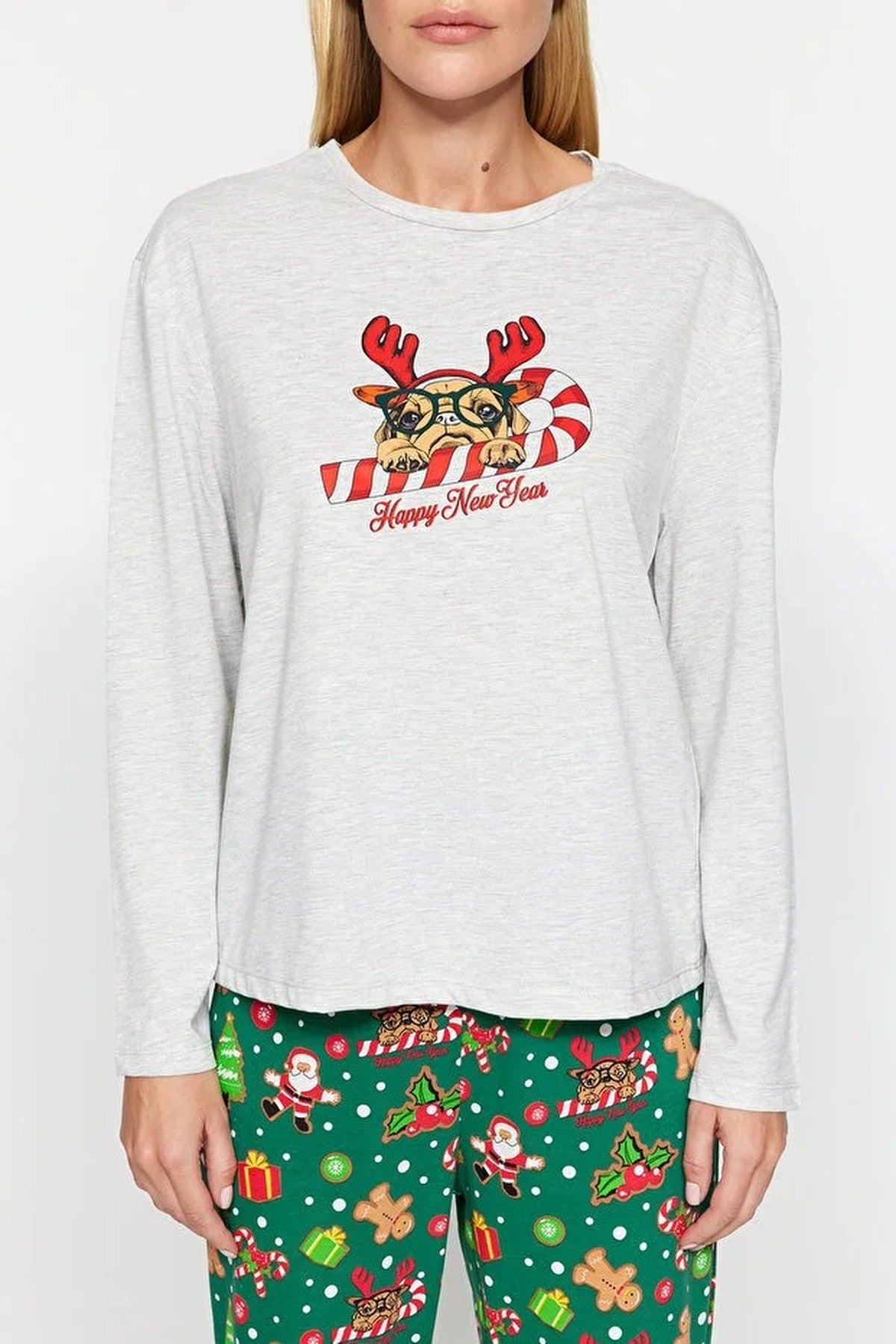 2-Piece 100% Cotton Christmas Themed Knit Pajama Set