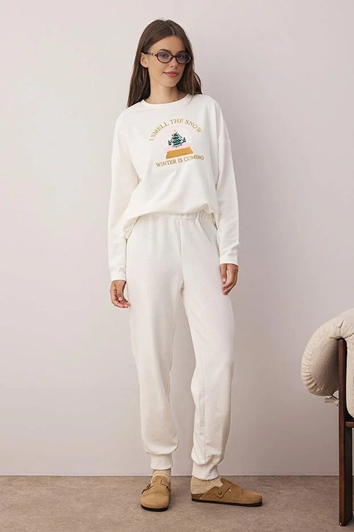 2-Piece Christmas Themed Slogan Embroidered Knit Pajama Set