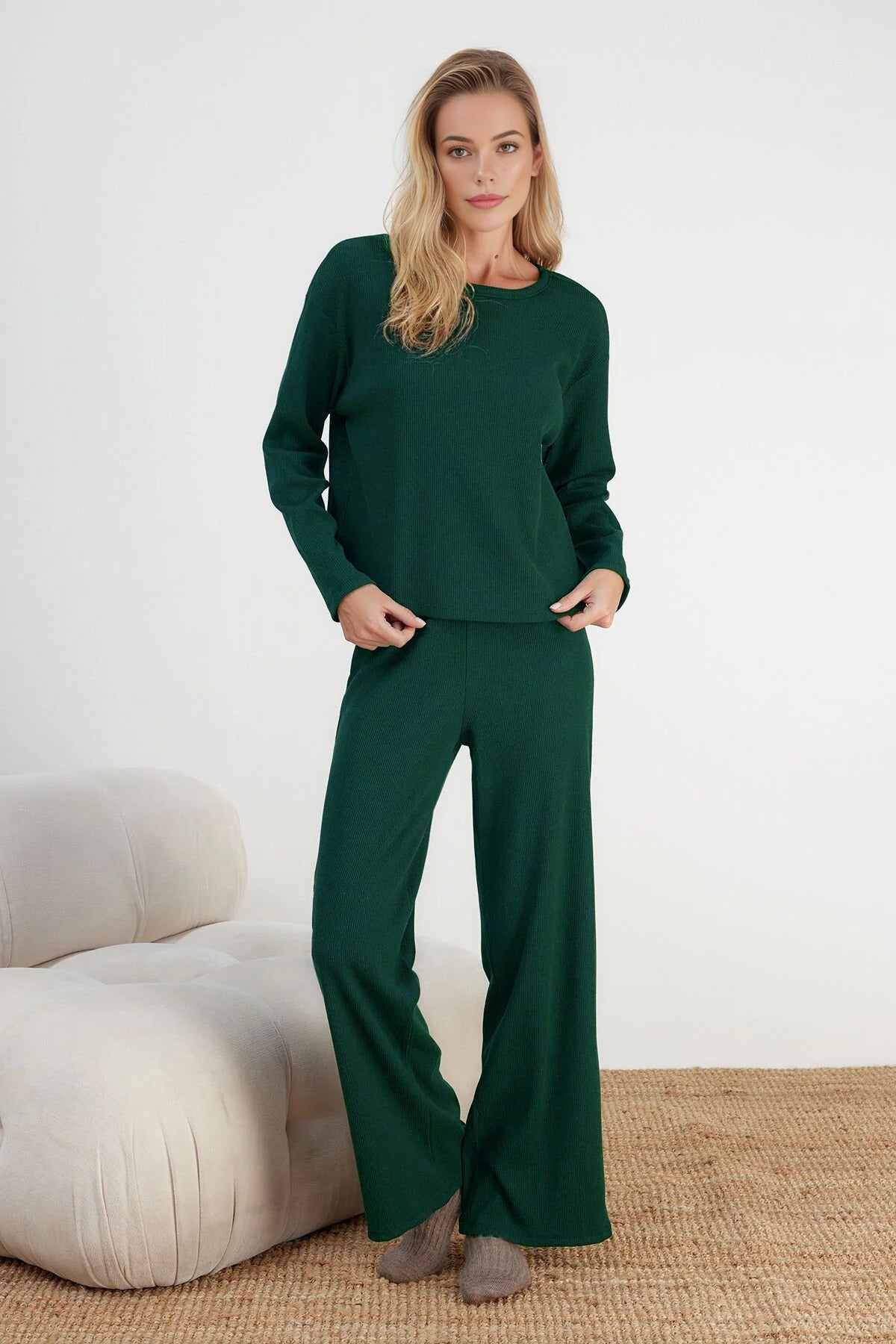 2-Piece Ribbed Long-Sleeve Pajama Set
