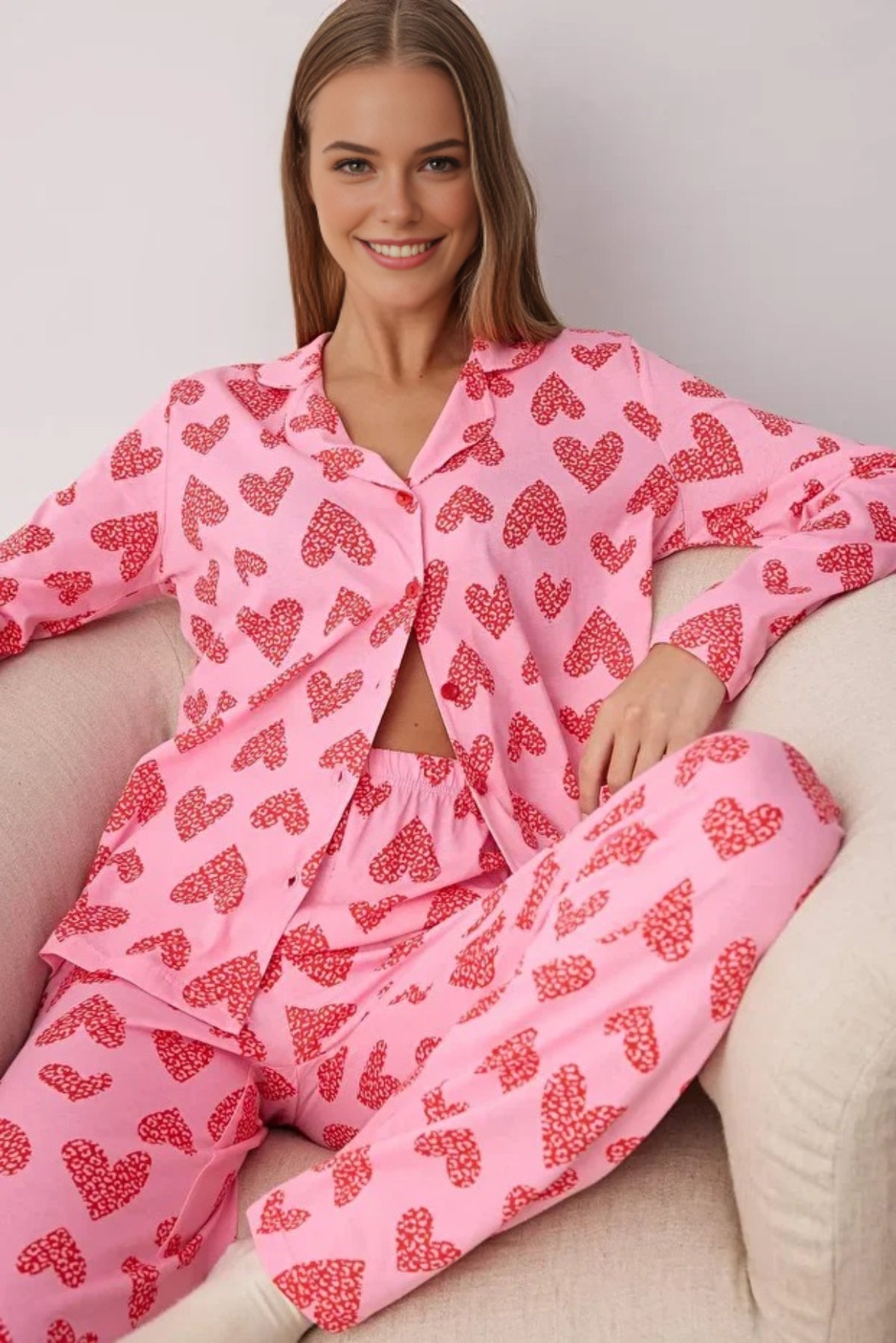 2-Piece Cotton Leopard Heart Knit Pajama Set