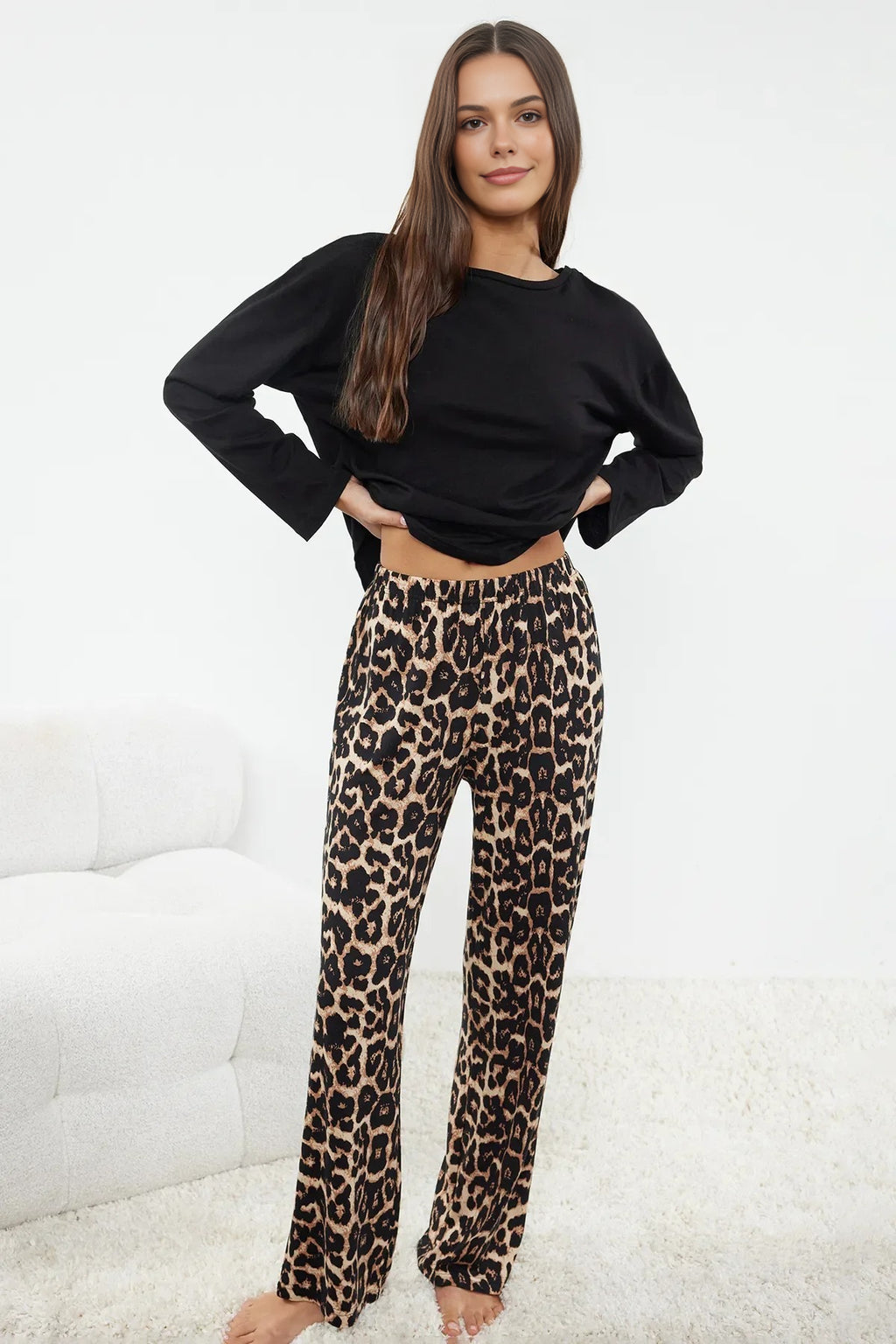2- Piece Cotton Knit Pajama Set with Leopard Print