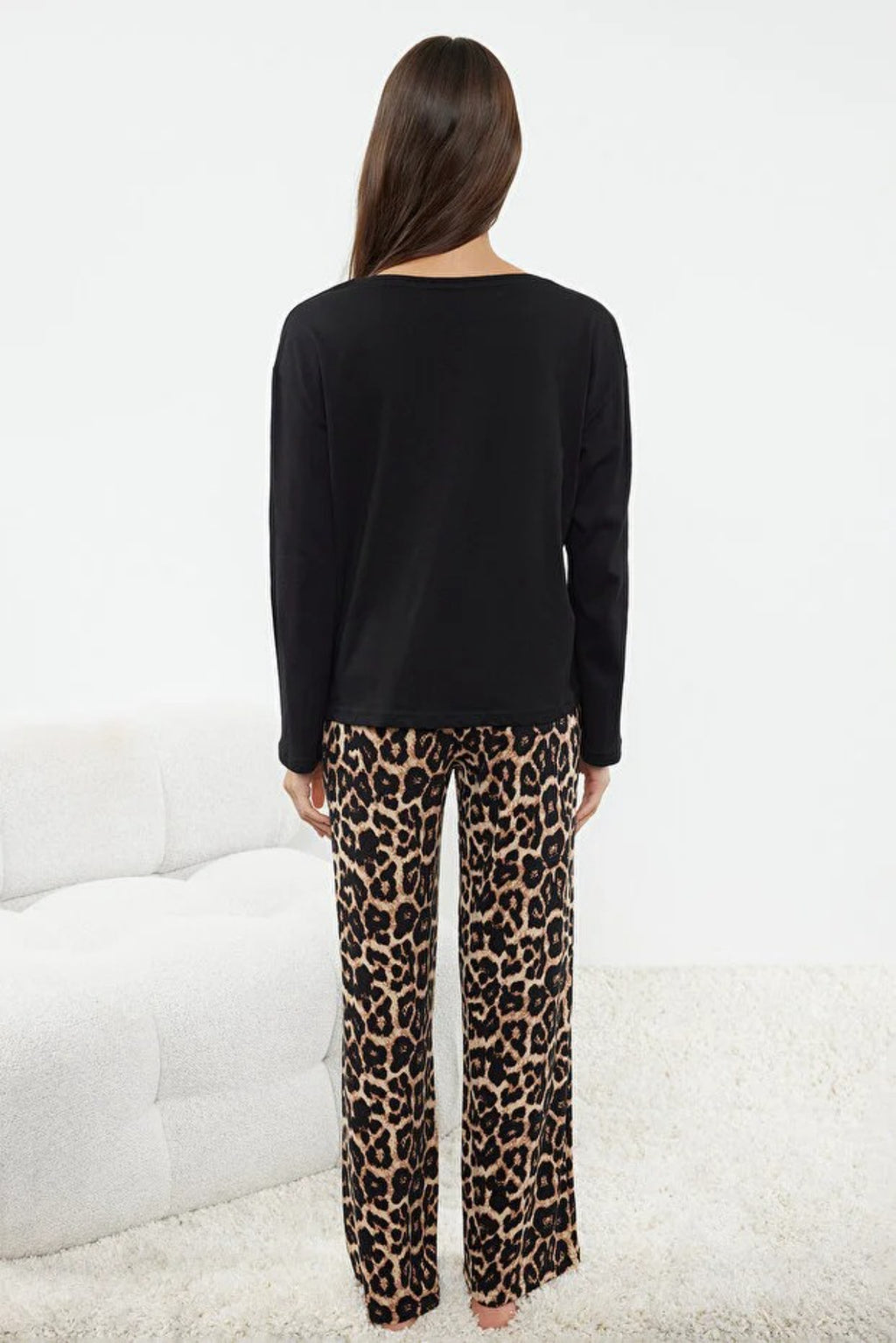 2- Piece Cotton Knit Pajama Set with Leopard Print