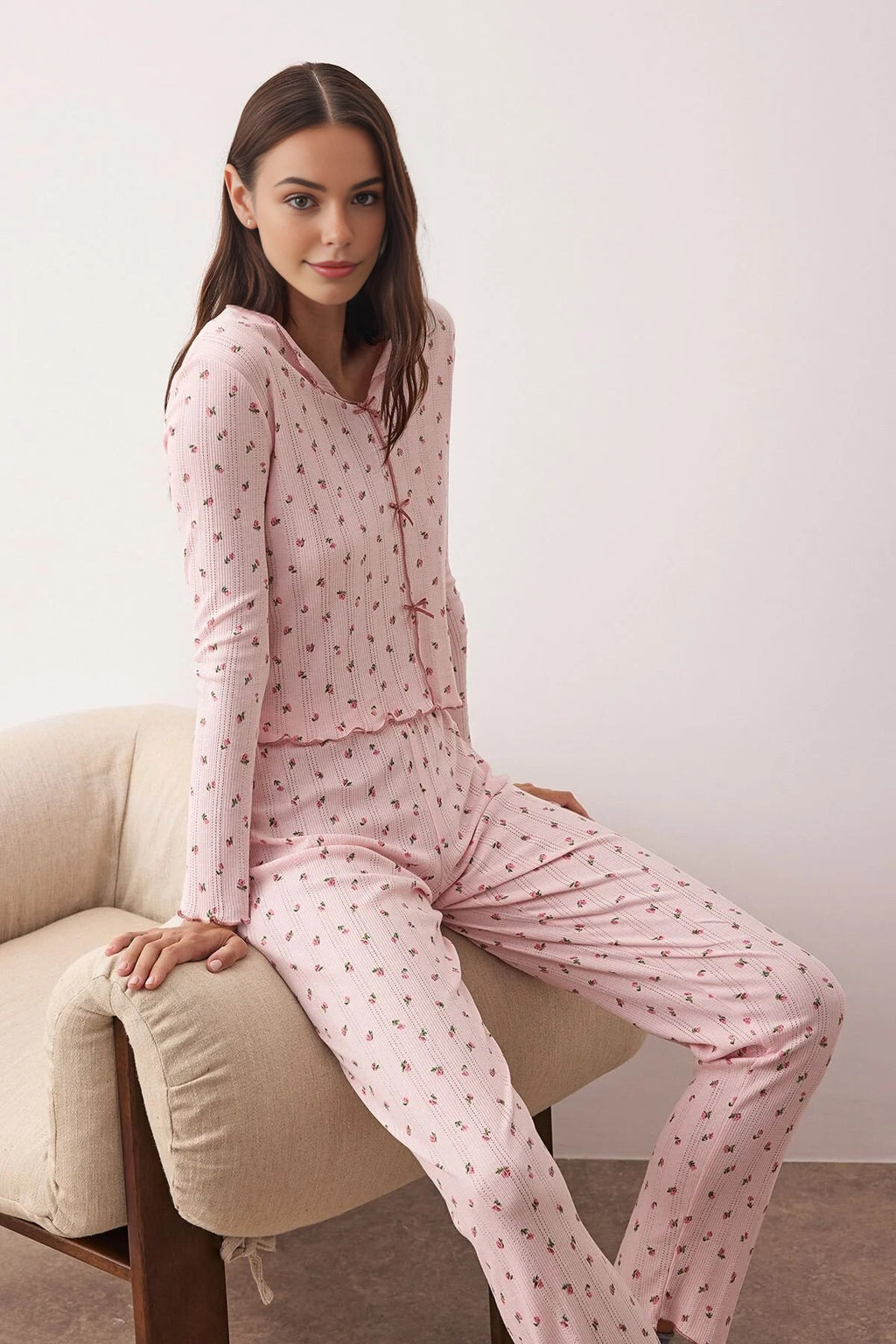 2- Piece Cotton Floral Knit Pajama Set with Ribbon/Bow Detail