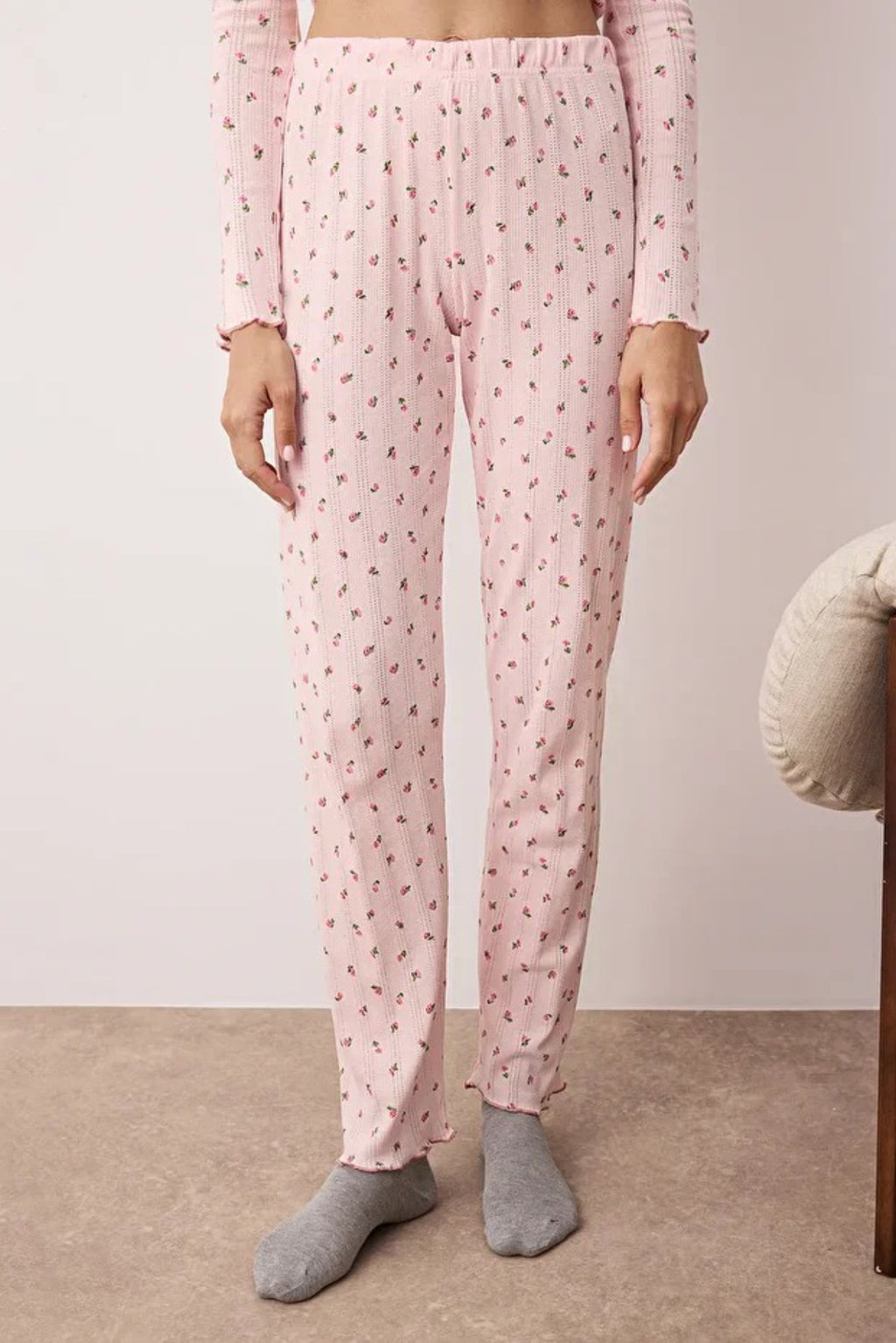 2- Piece Cotton Floral Knit Pajama Set with Ribbon/Bow Detail