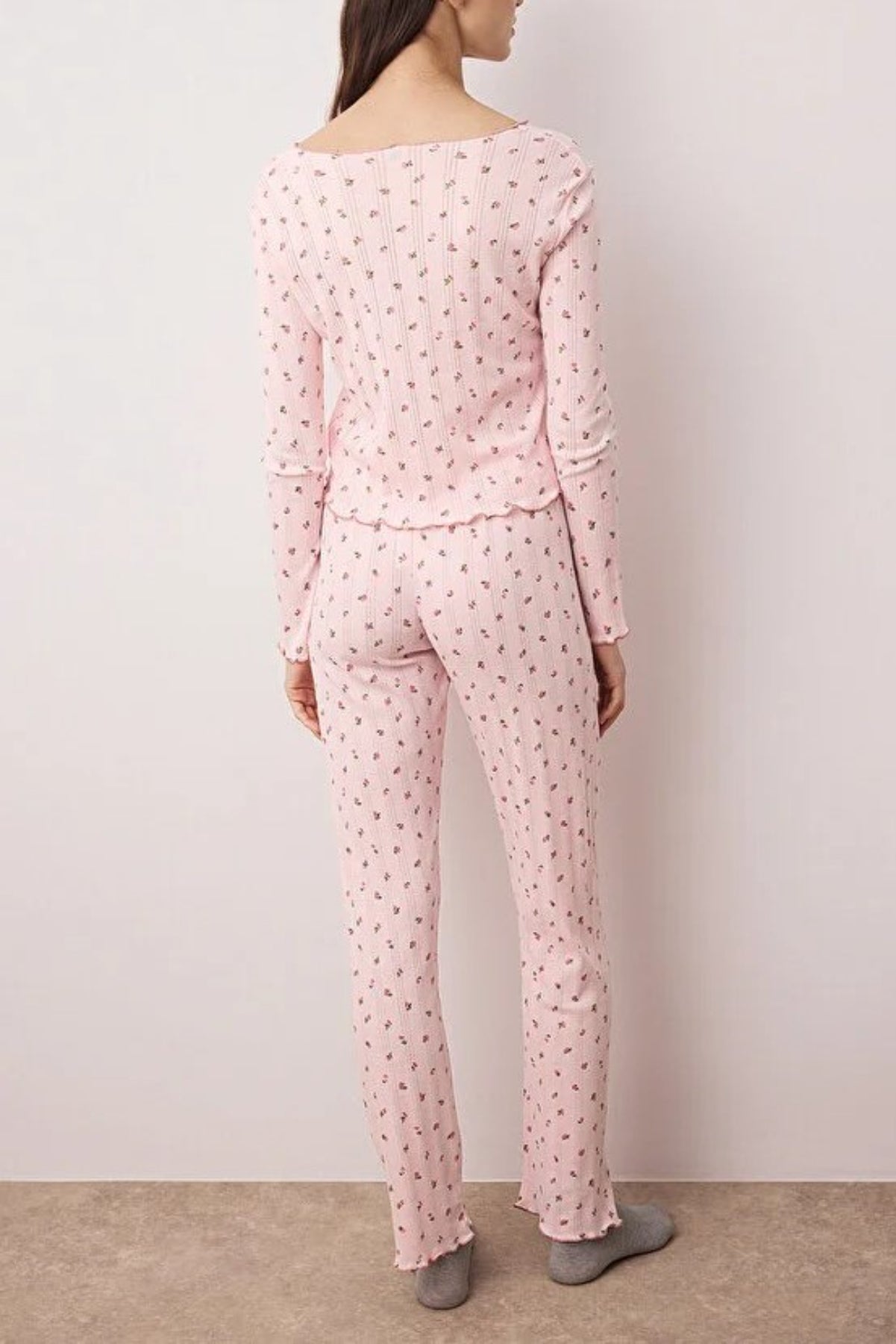 2- Piece Cotton Floral Knit Pajama Set with Ribbon/Bow Detail