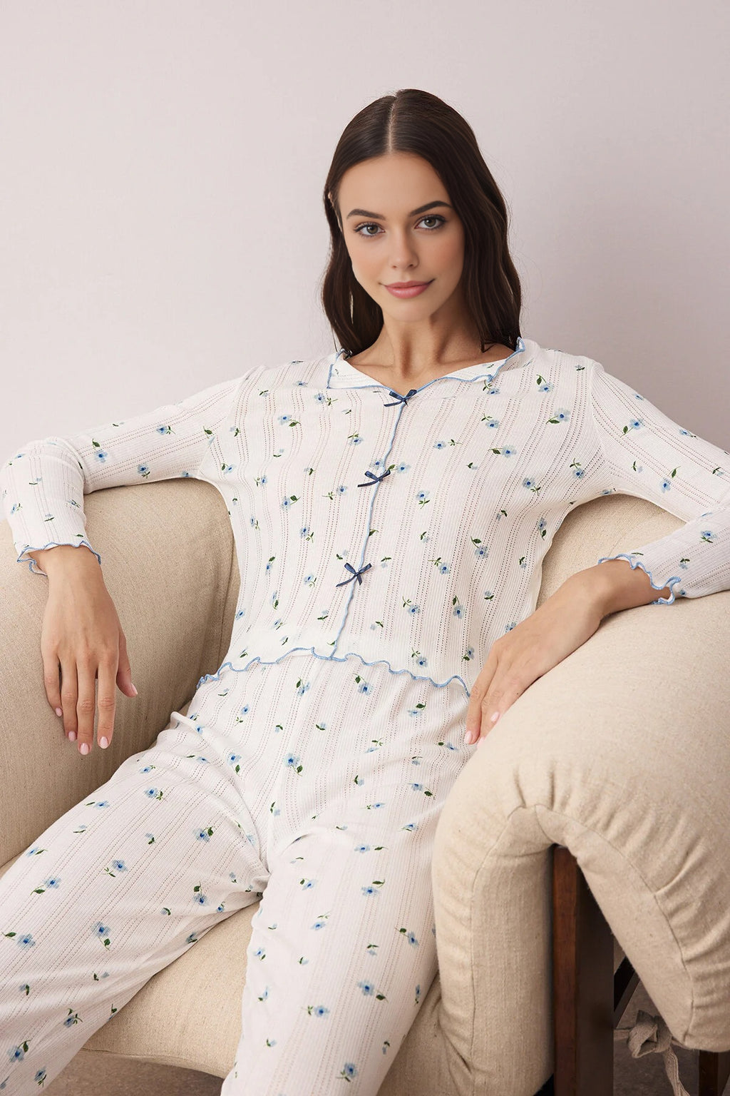 2- Piece Cotton Floral Knit Pajama Set with Ribbon/Bow Detail