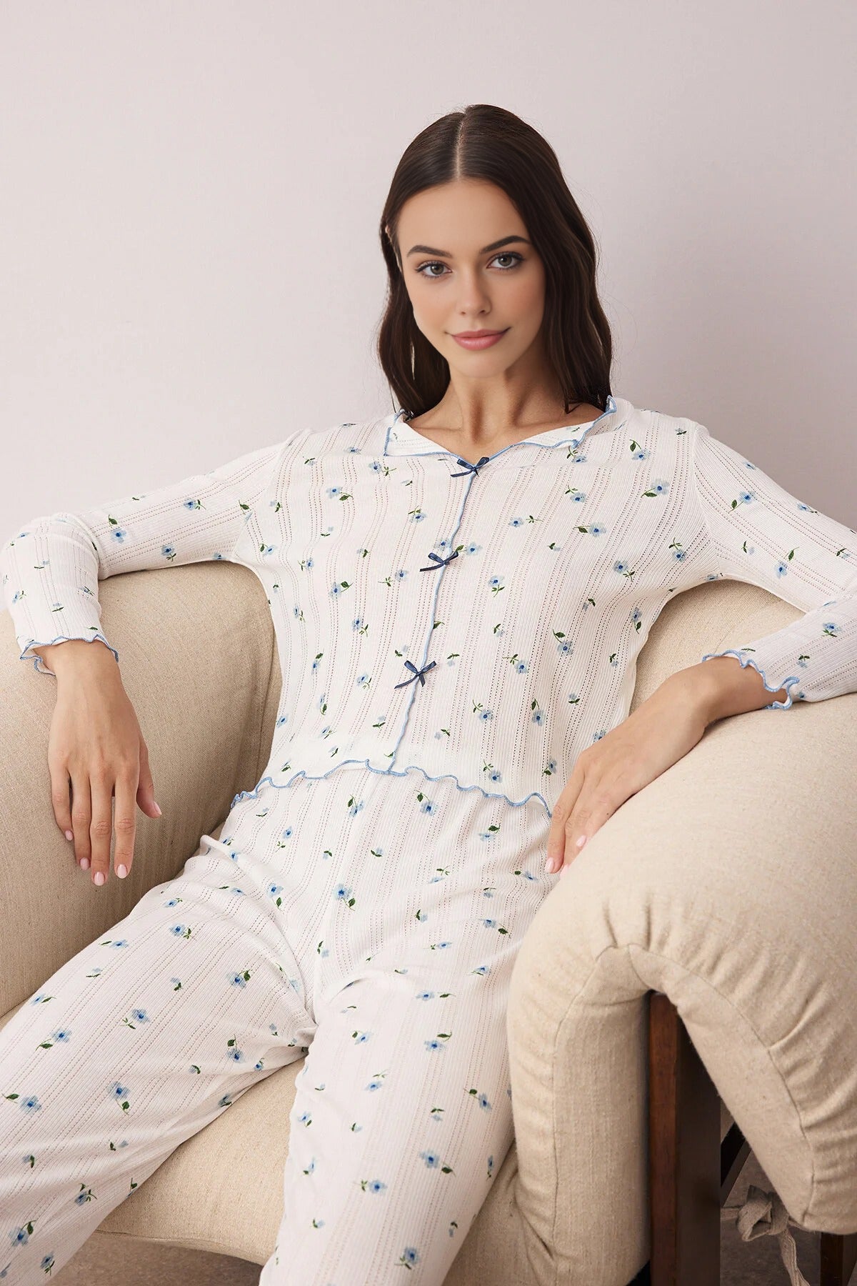 2- Piece Cotton Floral Knit Pajama Set with Ribbon/Bow Detail