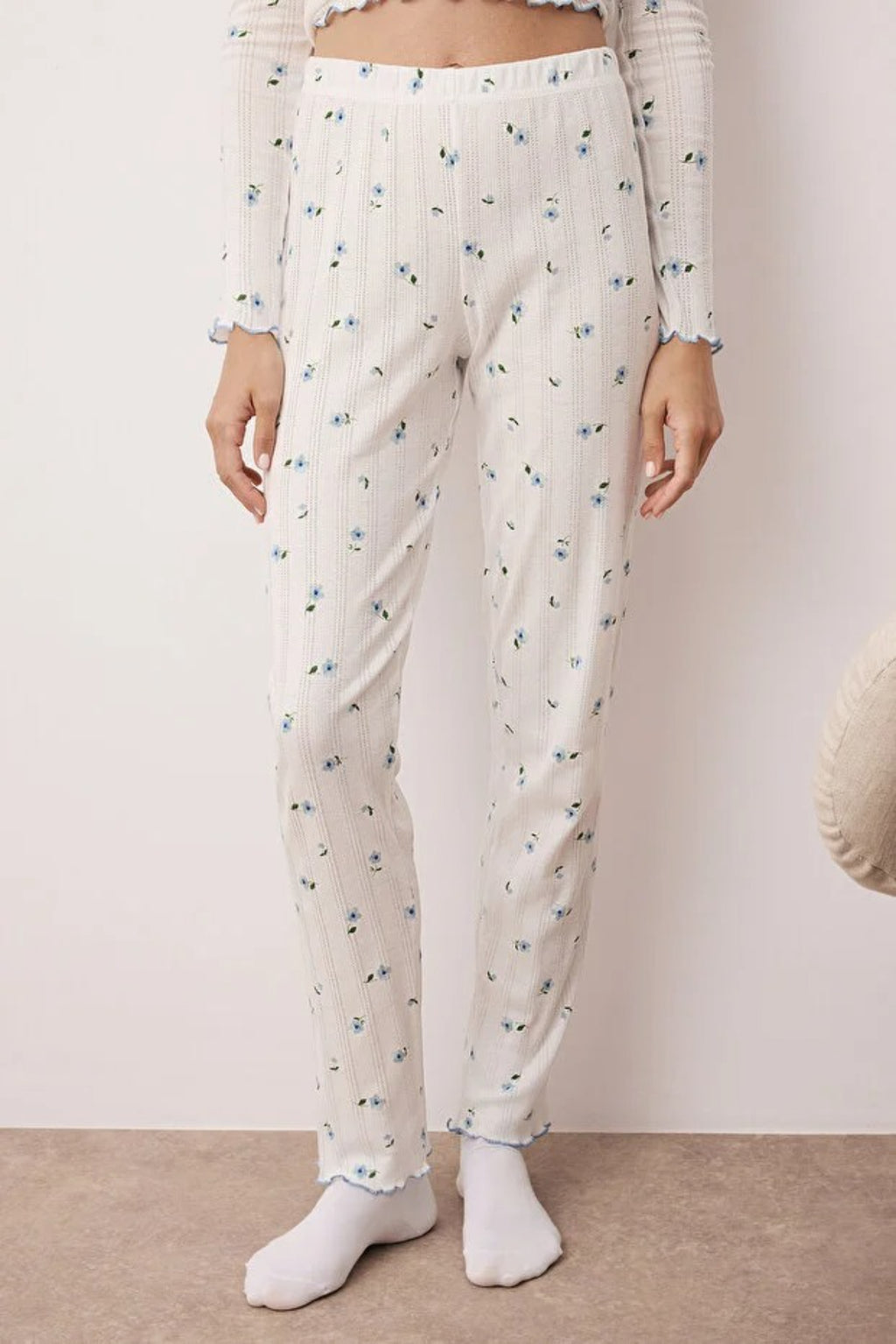 2- Piece Cotton Floral Knit Pajama Set with Ribbon/Bow Detail