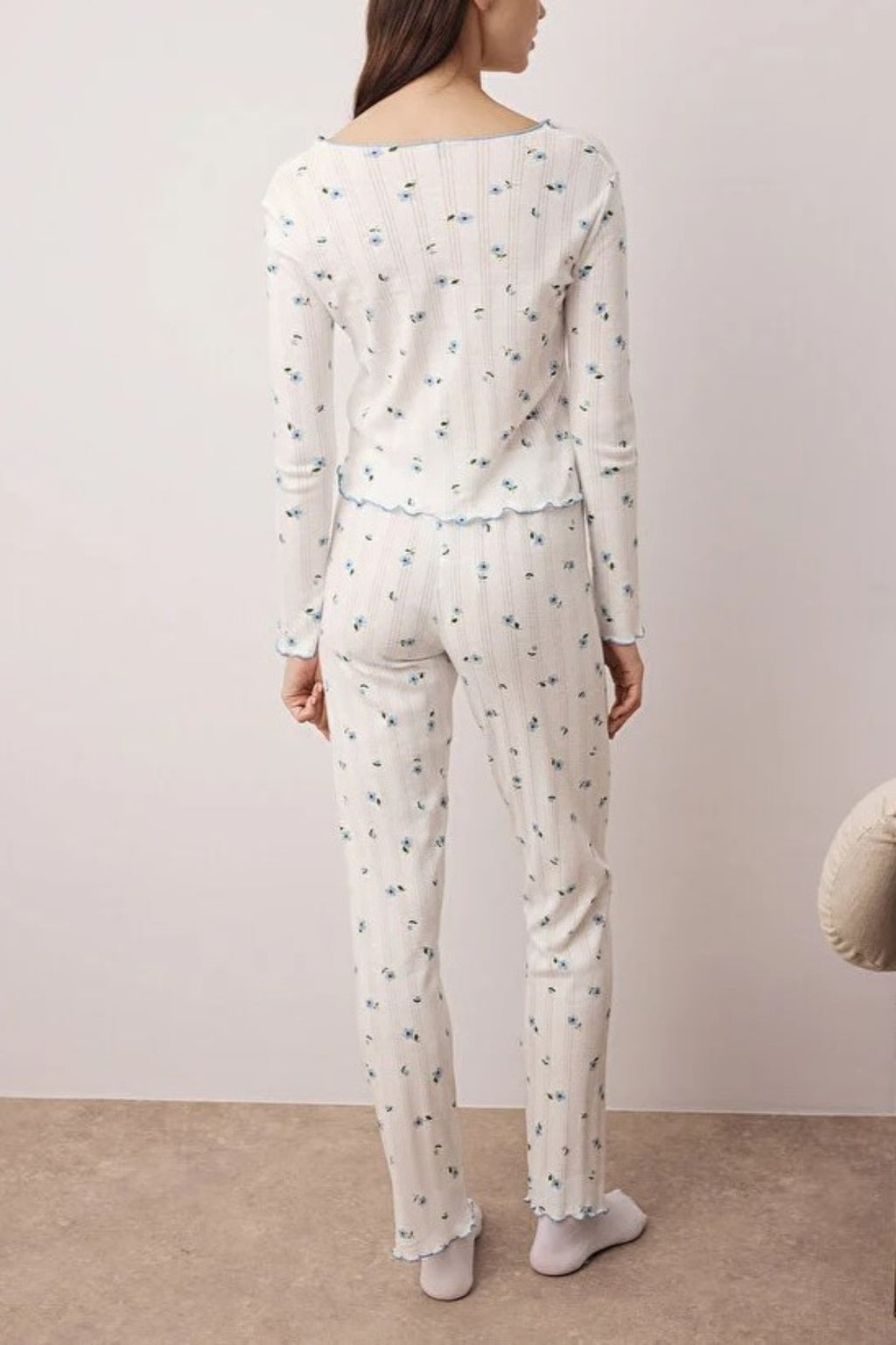 2- Piece Cotton Floral Knit Pajama Set with Ribbon/Bow Detail