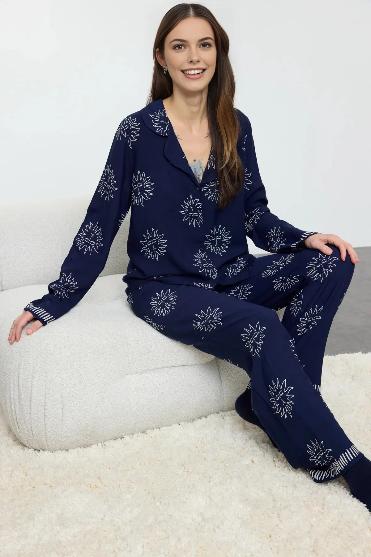 2- Piece Sun Patterned Viscose Woven Pajama Set